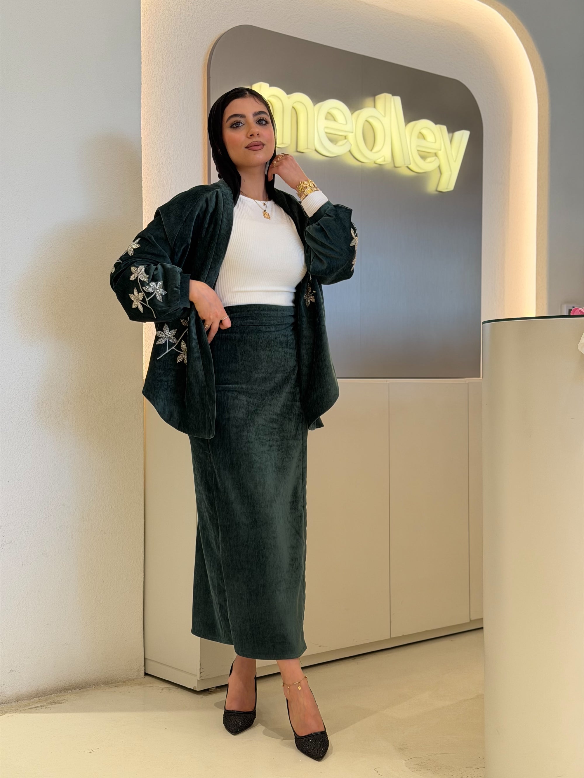 Silk Velvet Skirt Set ( Emerald Green )