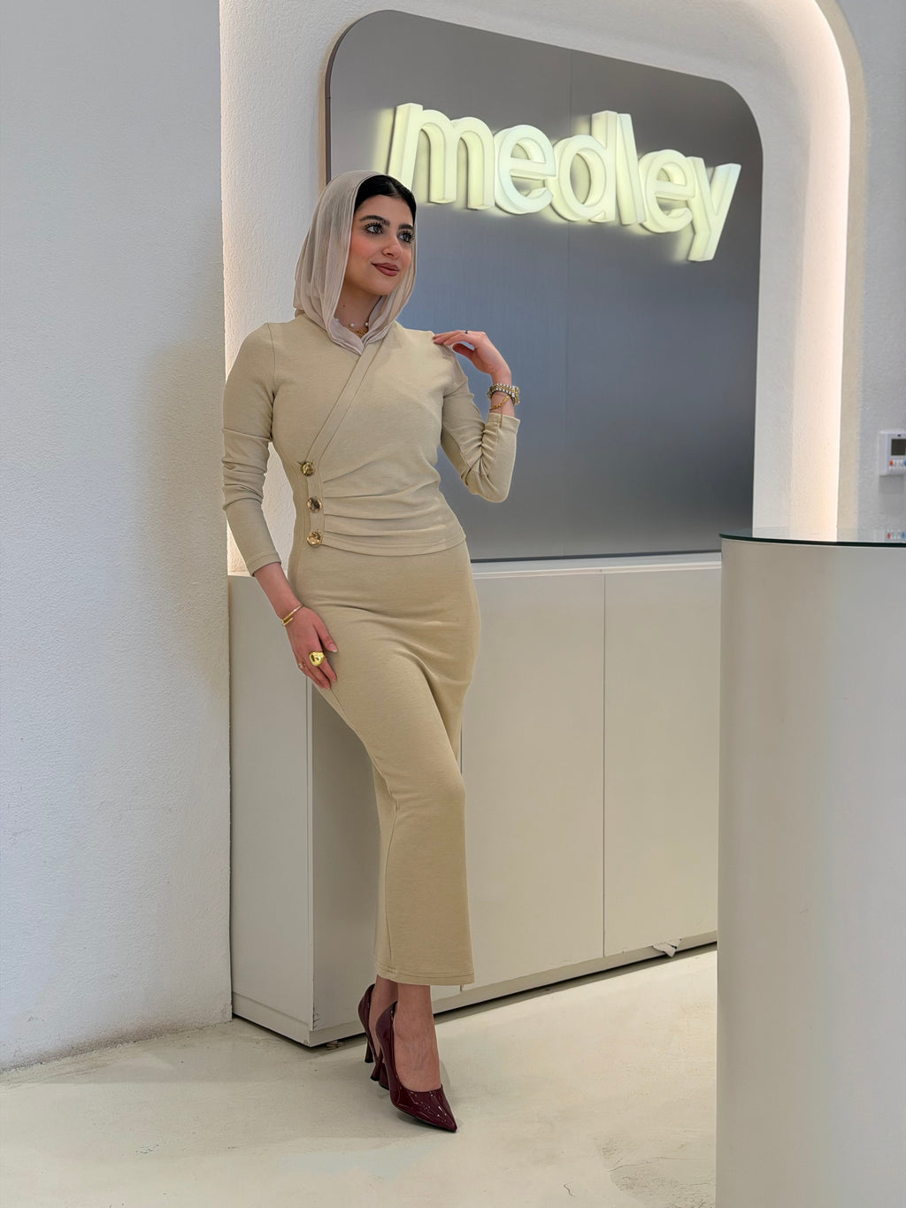 Golden buttons slim fit dress ( sage )