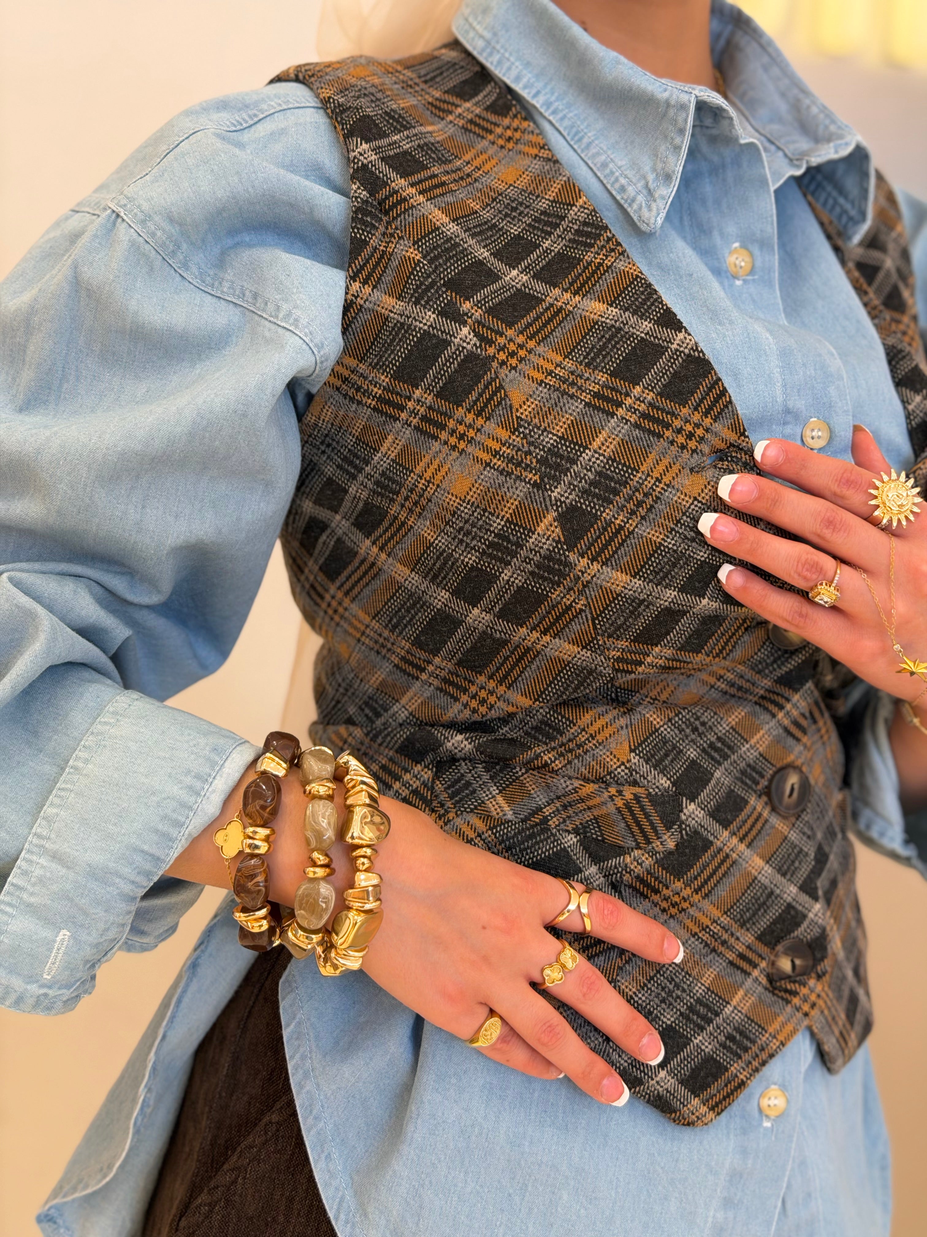 Vintage plaid vest ( honey comb )