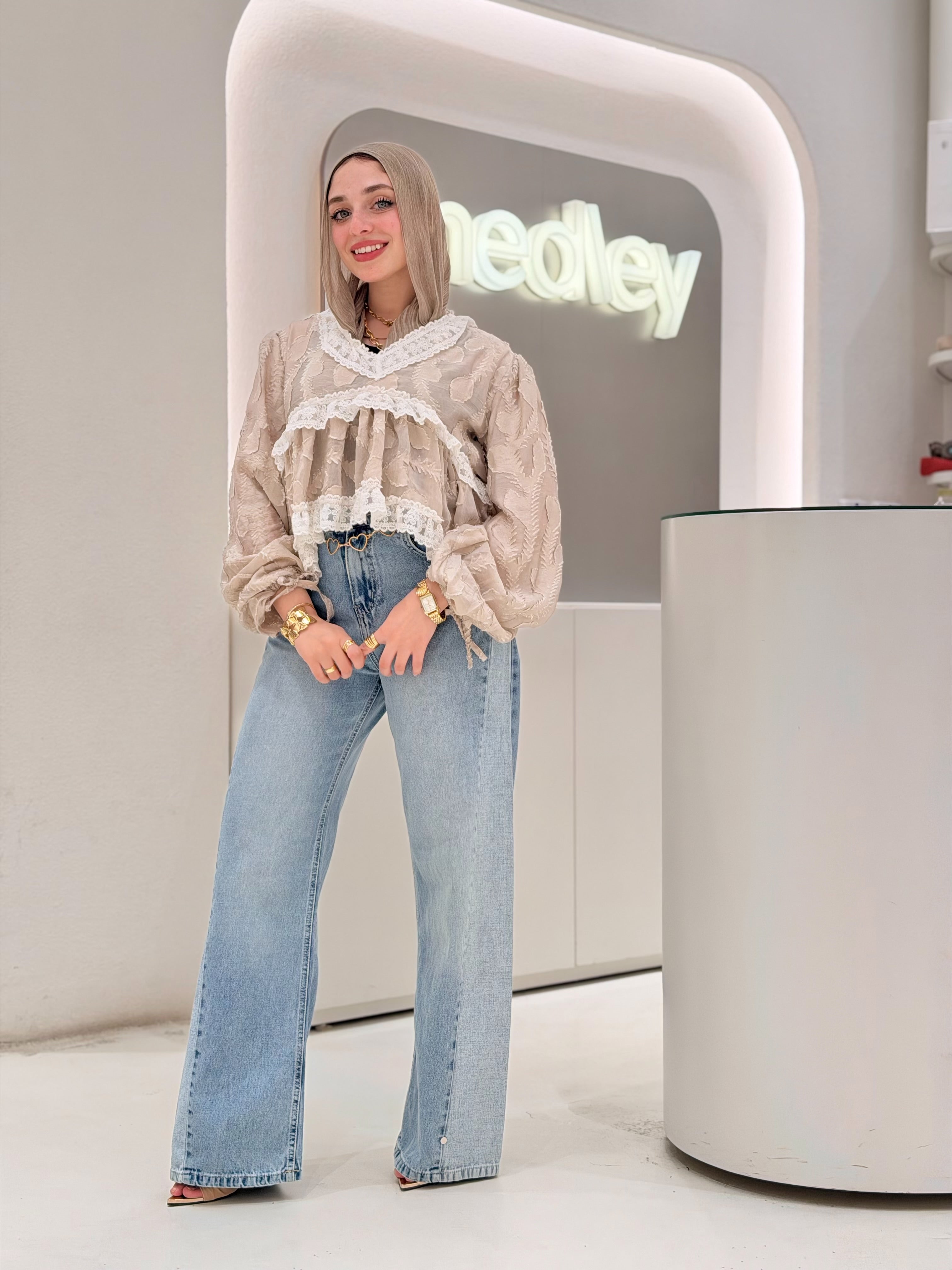Beige Lace Ruffle Blouse