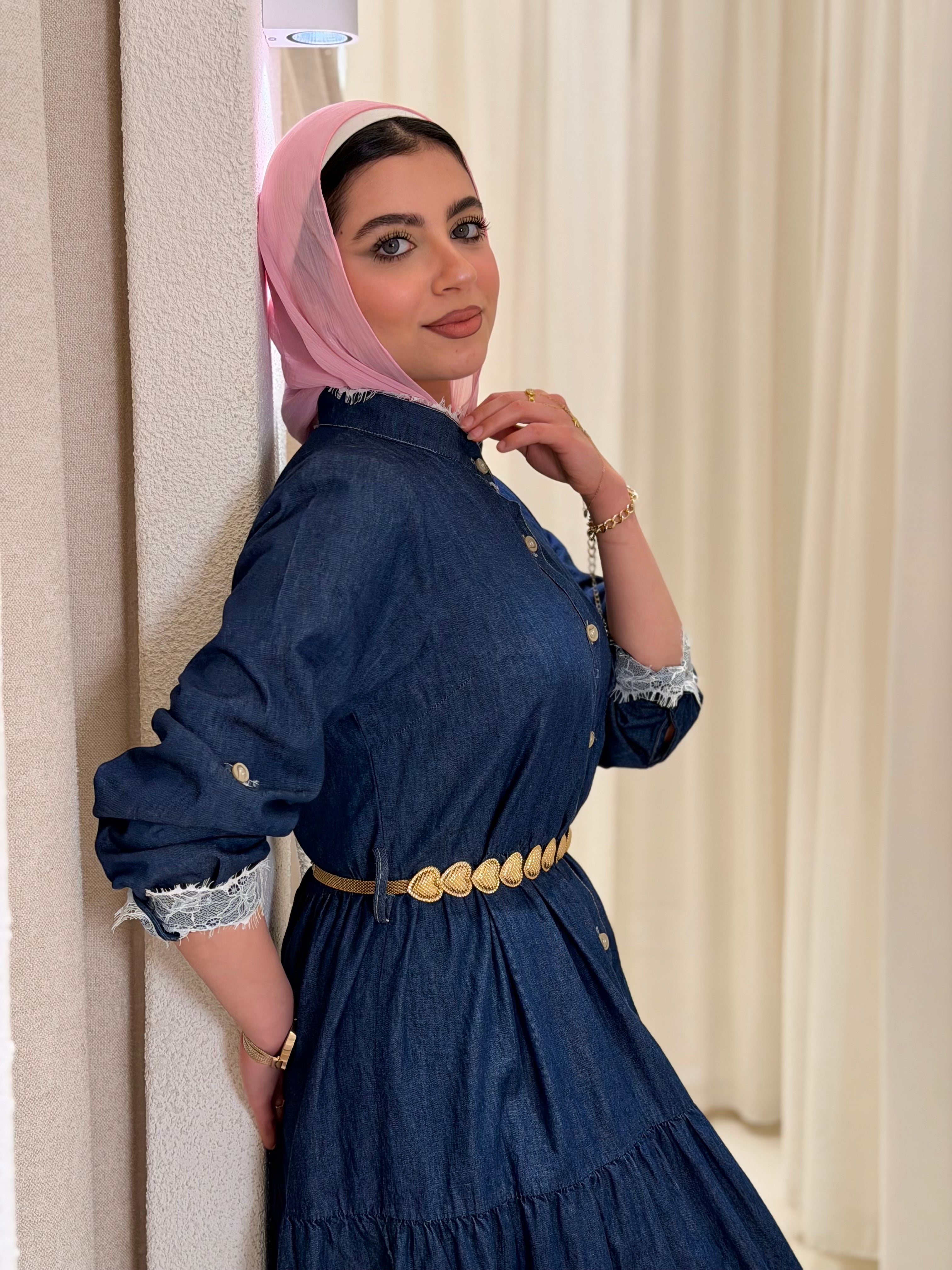 Raw Denim Dantel Details Dress