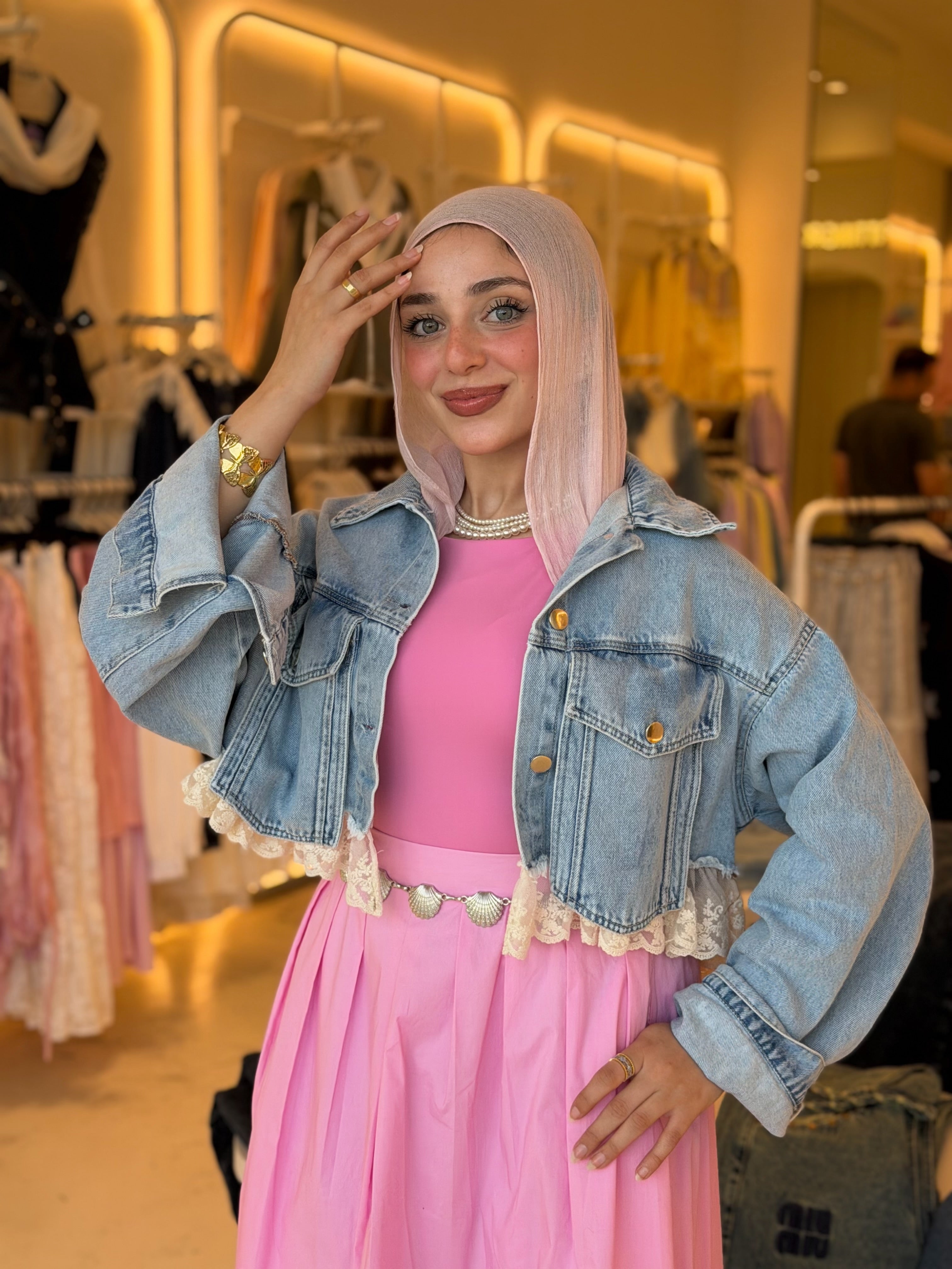 Cropped Lace Trim Denim Jacket