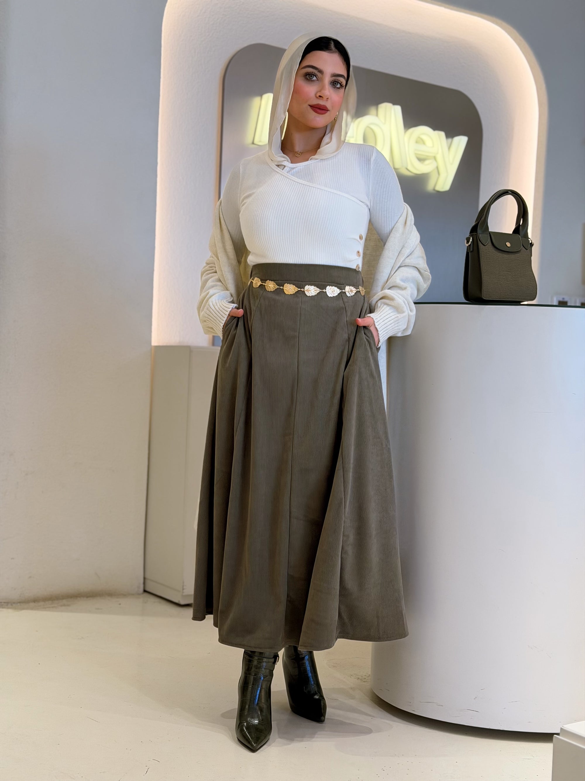 Olive Suede Flowy Skirt