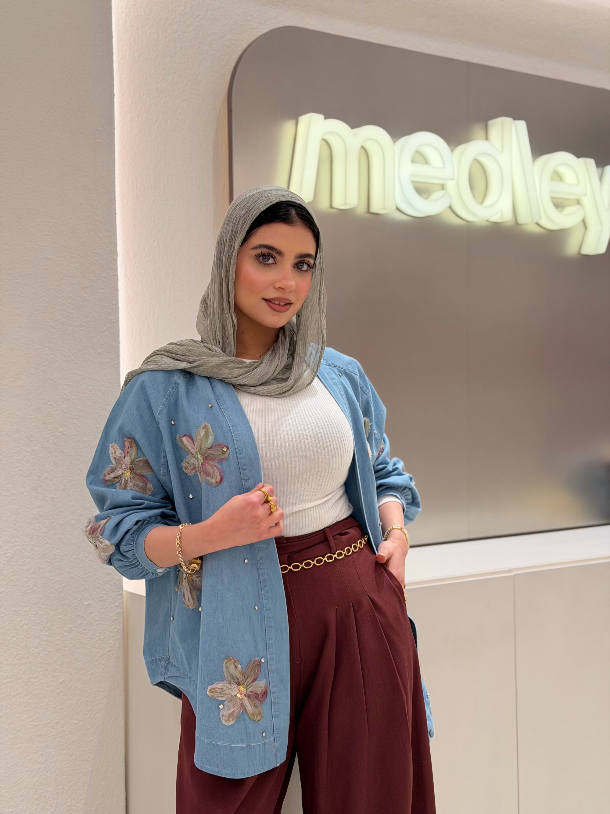 Floral & Crystal Denim Cardigan