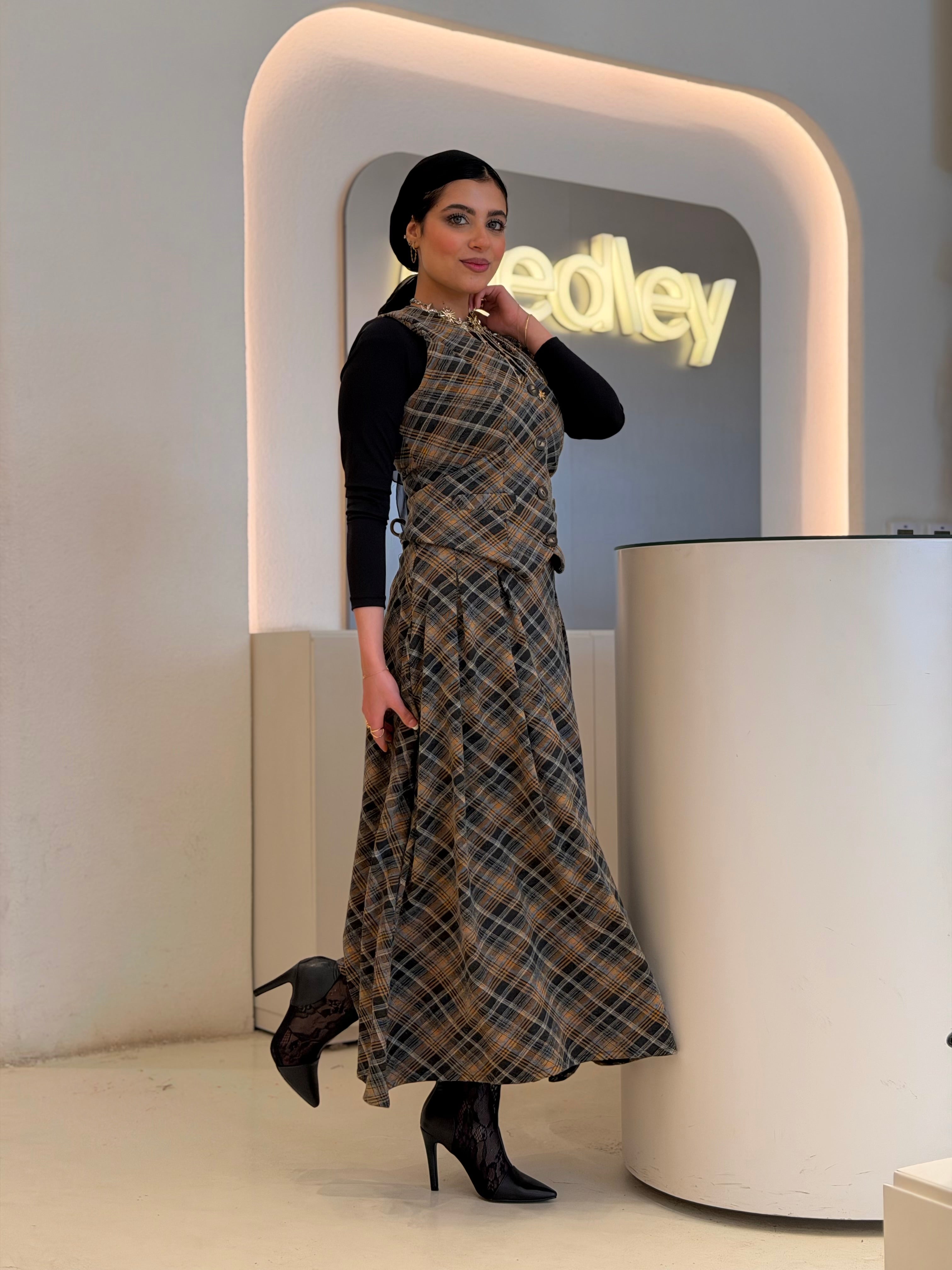 Vintage Plaid Midi Skirt ( honey comb )
