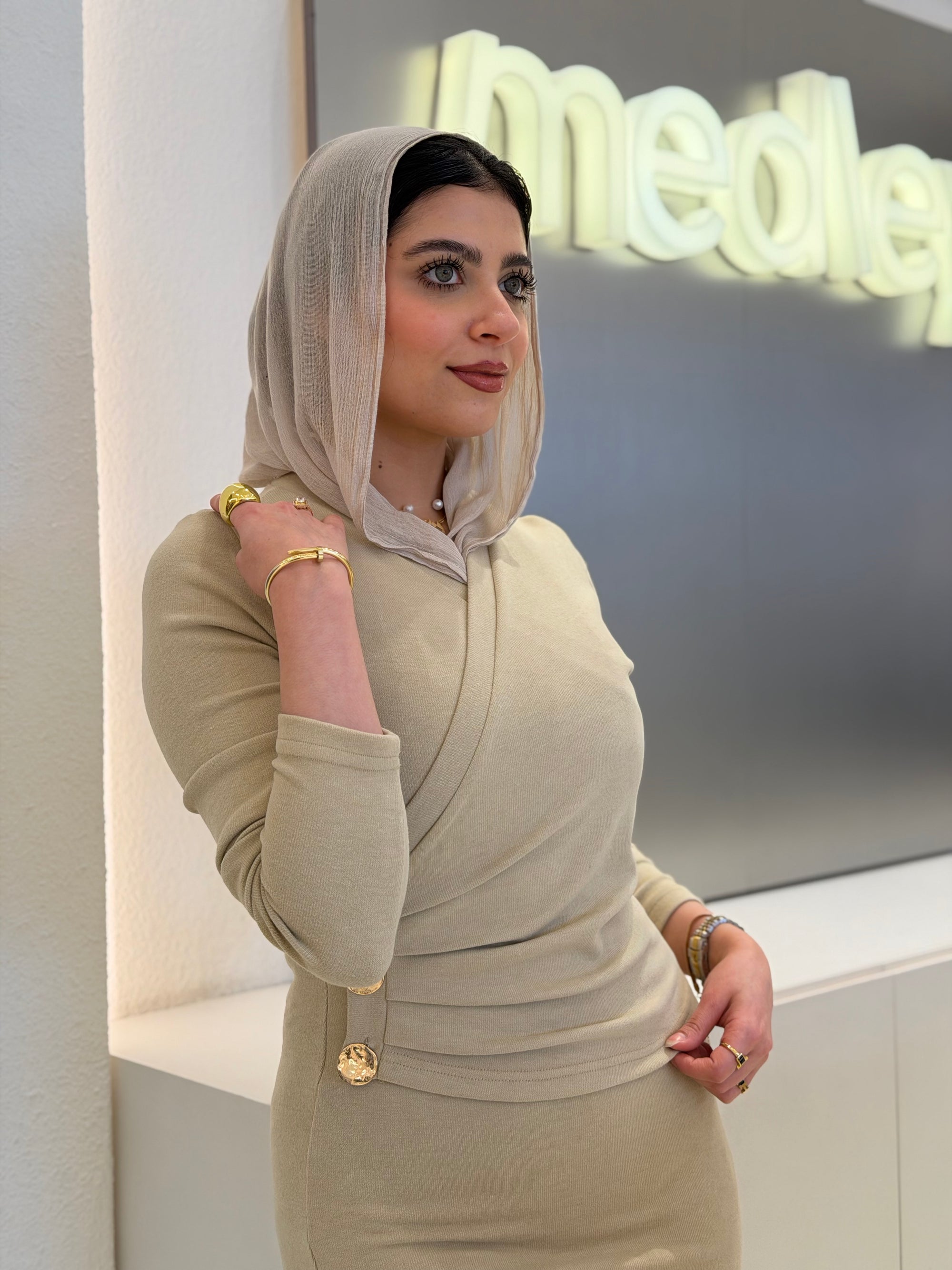 Golden buttons slim fit dress ( sage )