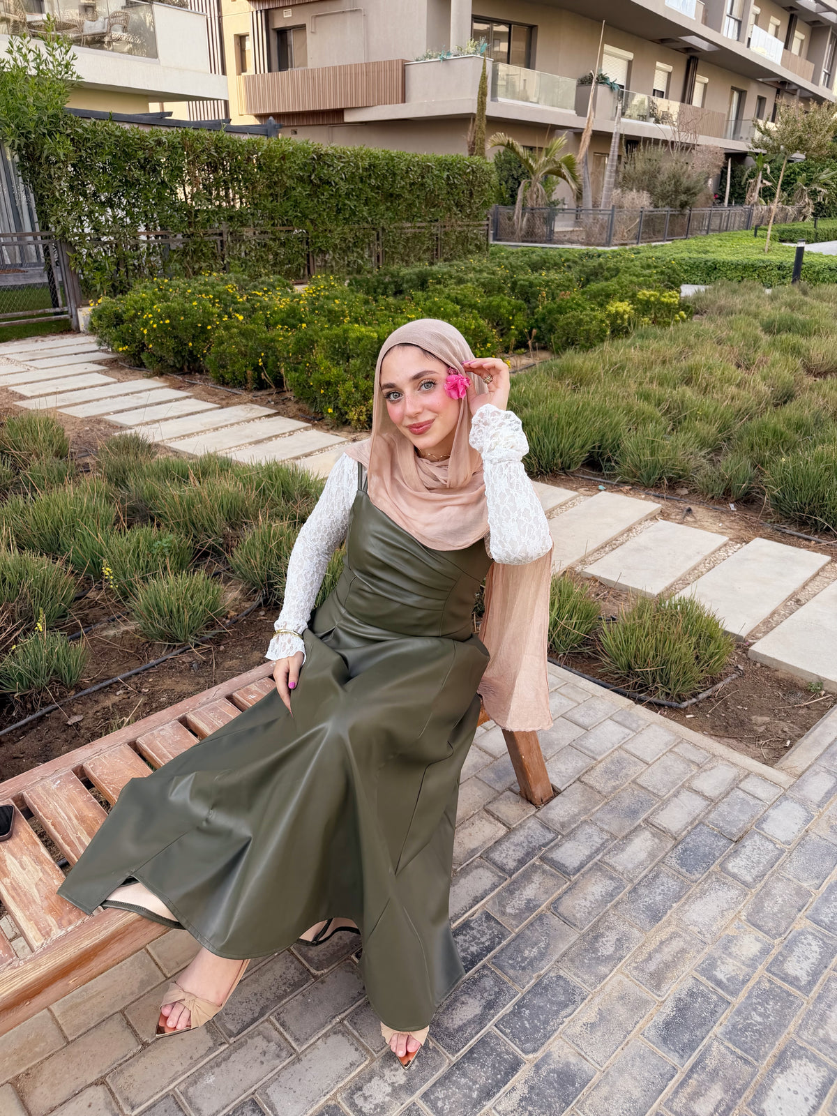 Olive Leather Midi Dress