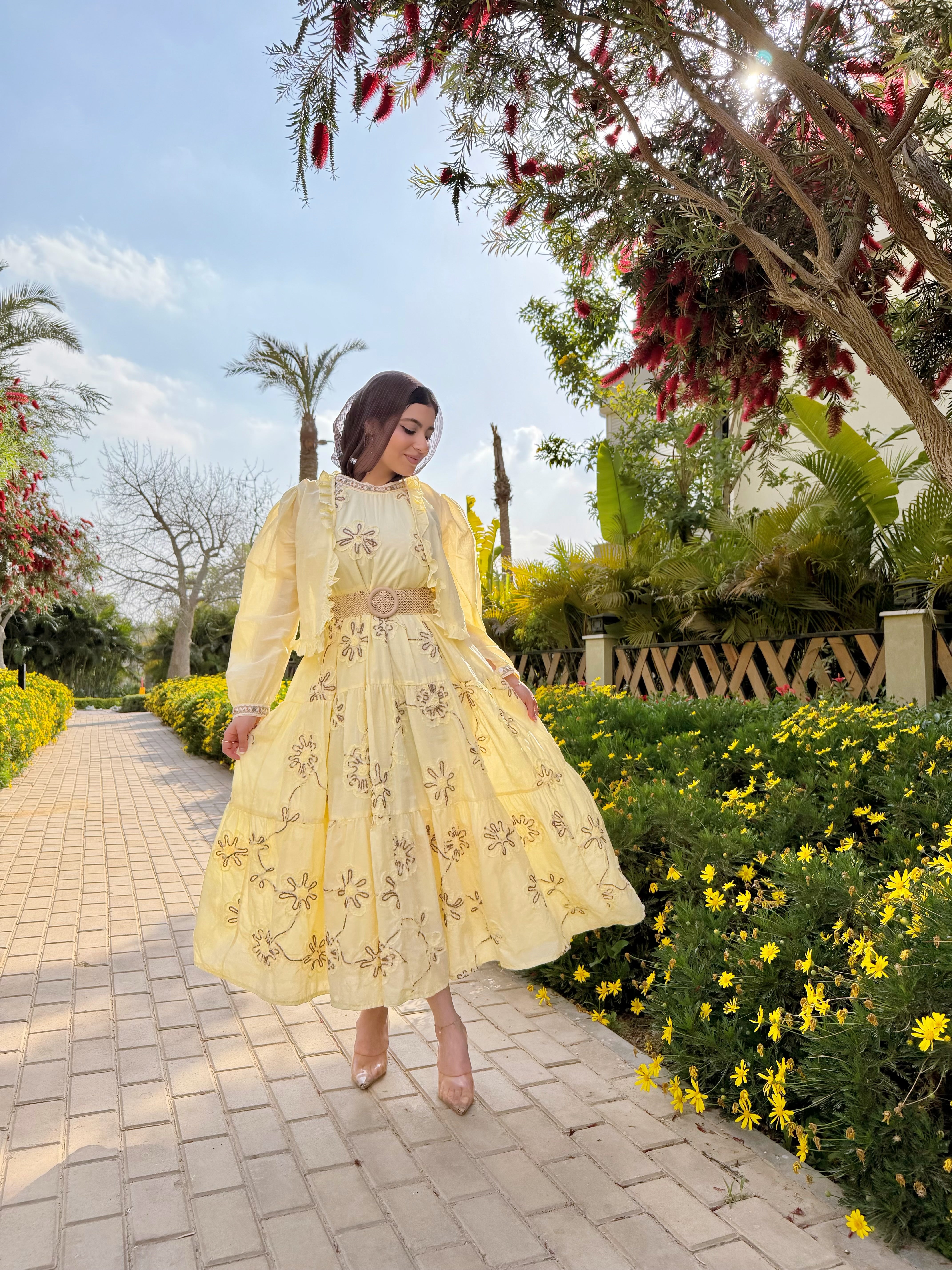 Embroidered golden glow yellow dress
