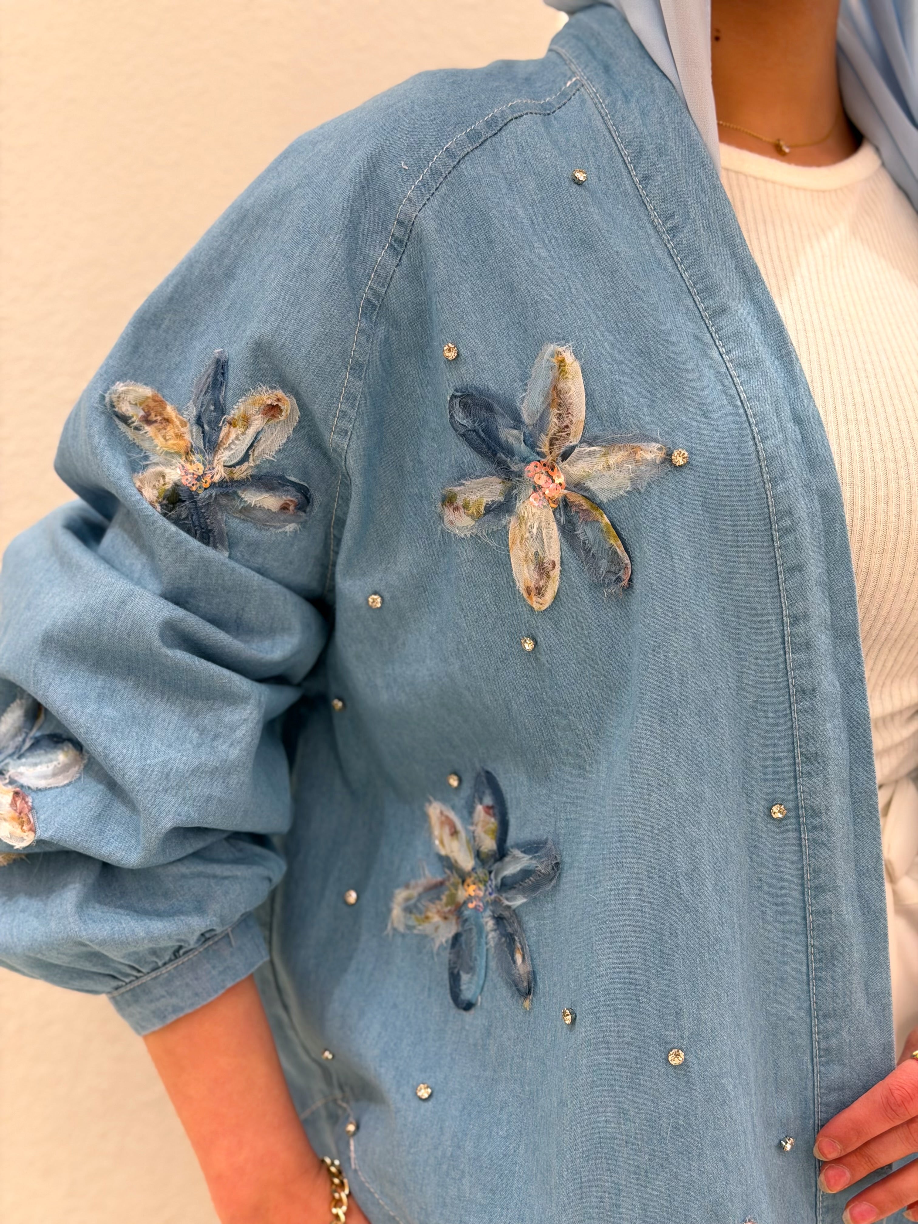 Floral & Crystal Denim Cardigan