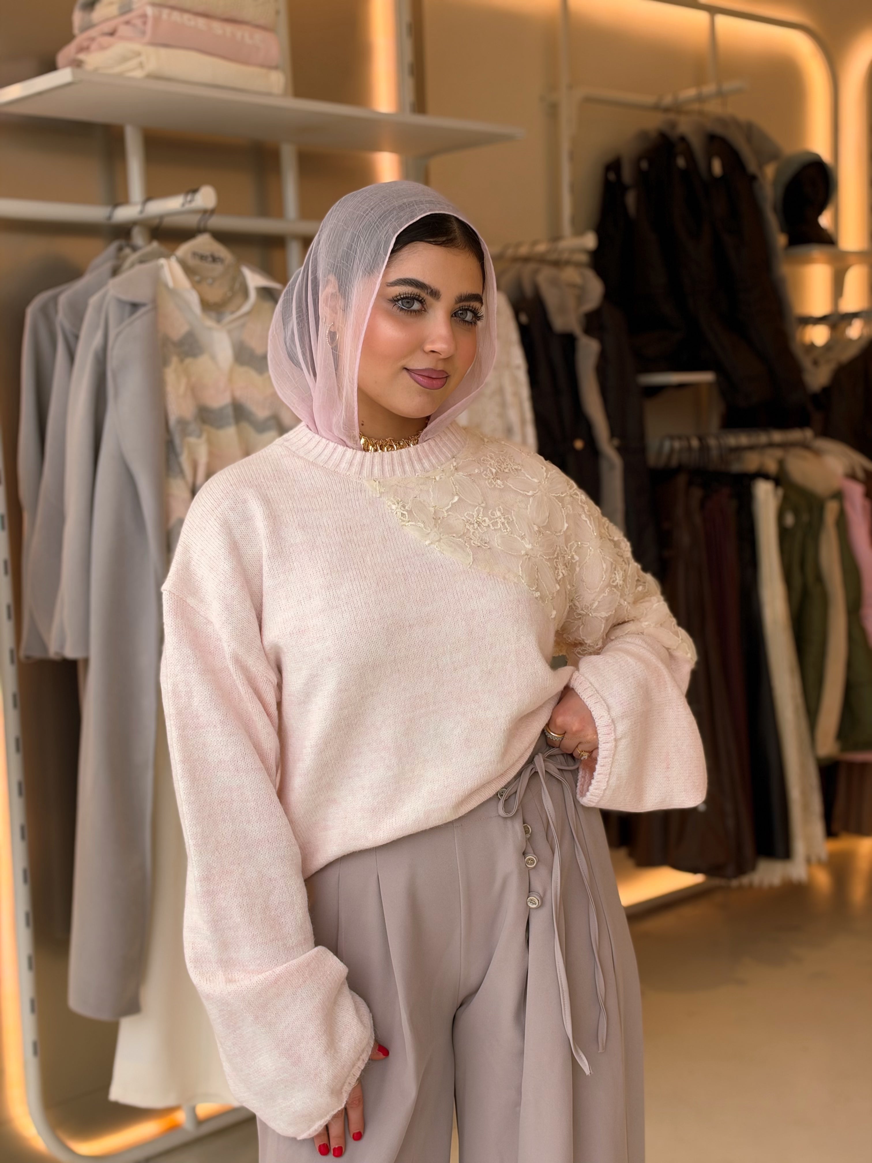 Blossom Lace Knit Pullover in blush pink by Medley Fashion, photo 1