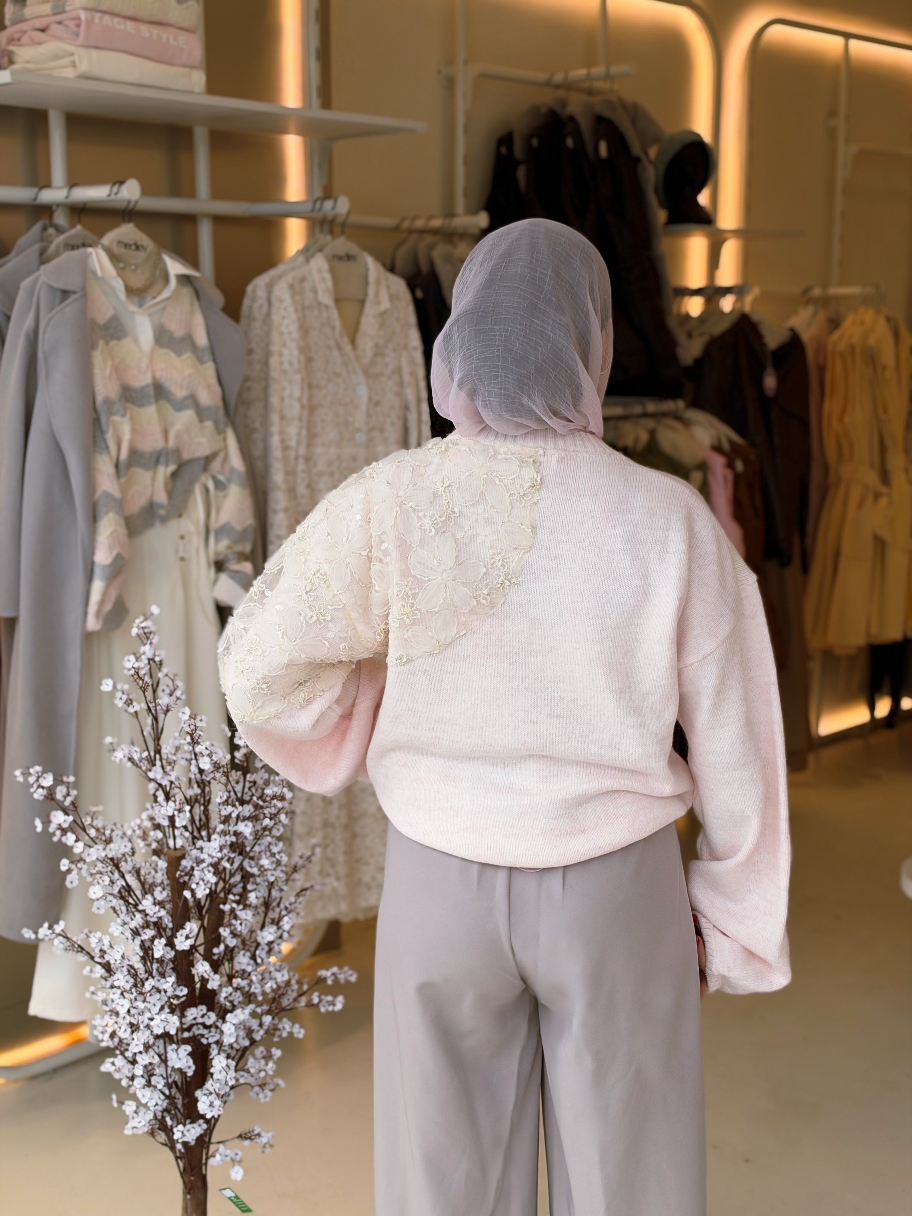 Blossom Lace Knit Pullover in blush pink by Medley Fashion, back view