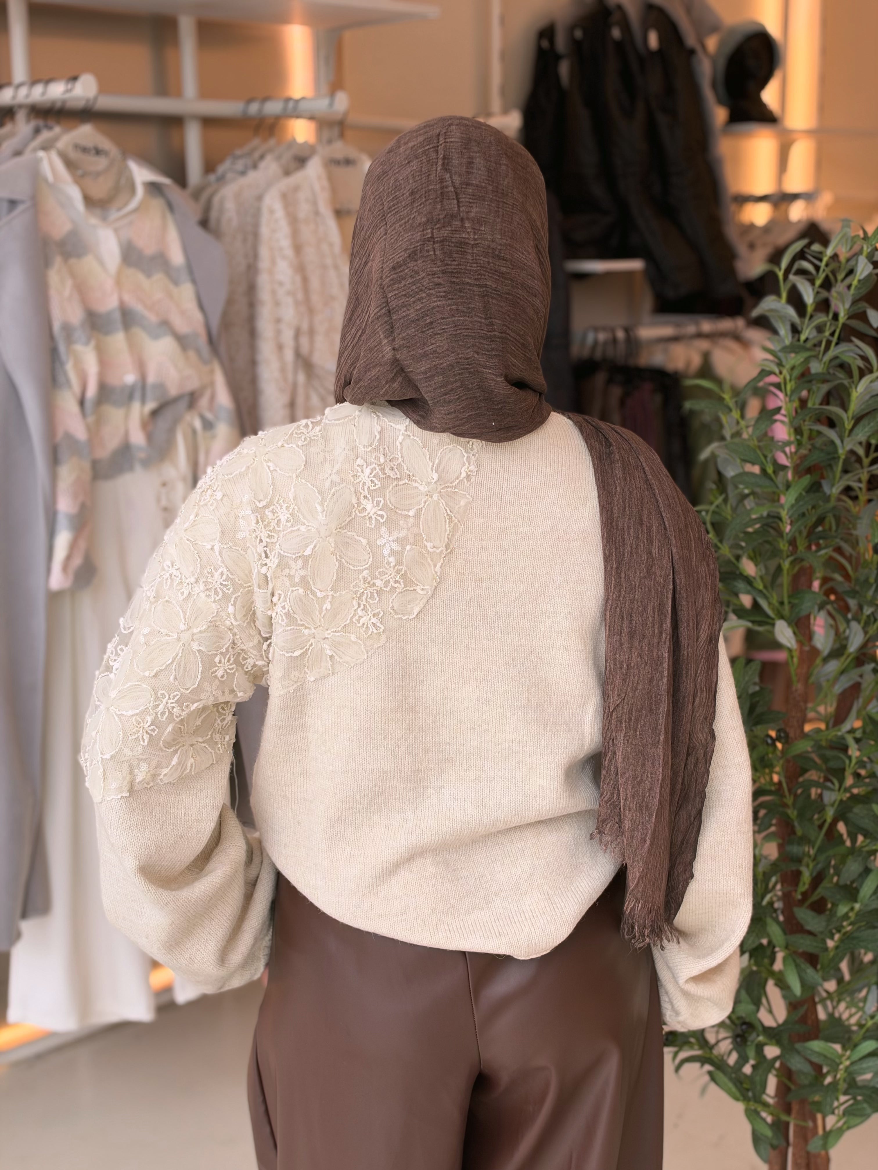 Blossom Lace Knit Pullover in sand beige by Medley Fashion, back view