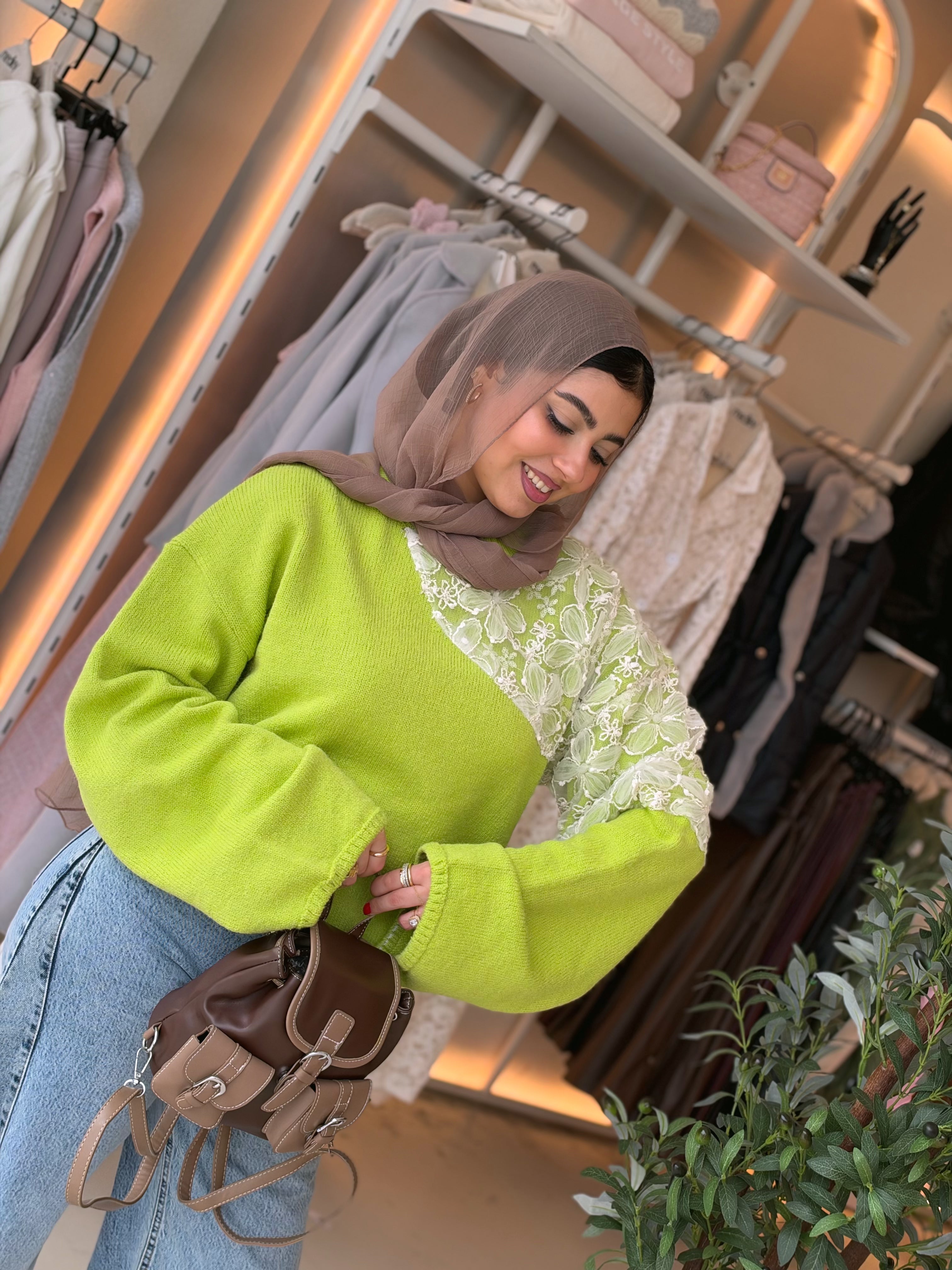 Blossom Lace Knit Pullover in kiwi green by Medley Fashion, lace panel close-up
