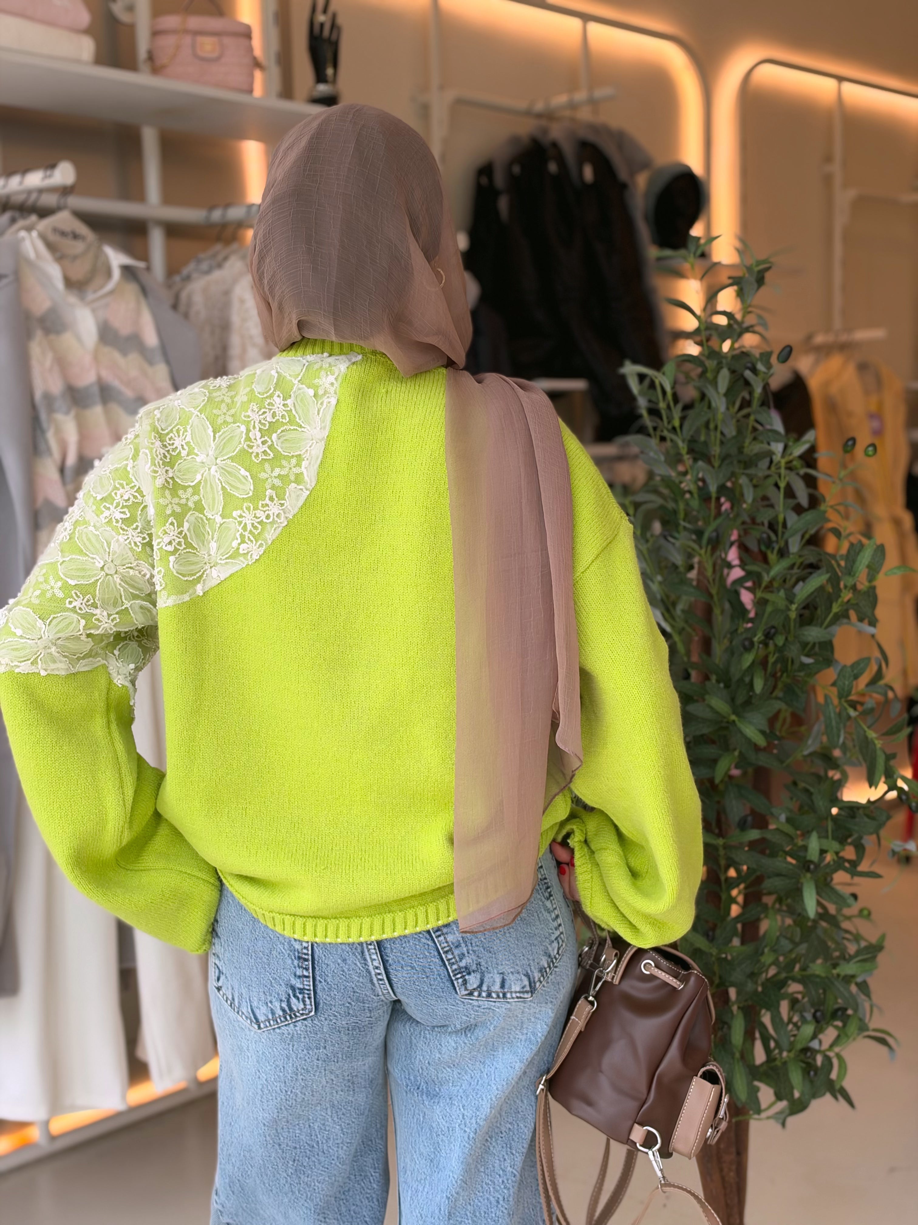 Blossom Lace Knit Pullover in kiwi green by Medley Fashion, back view