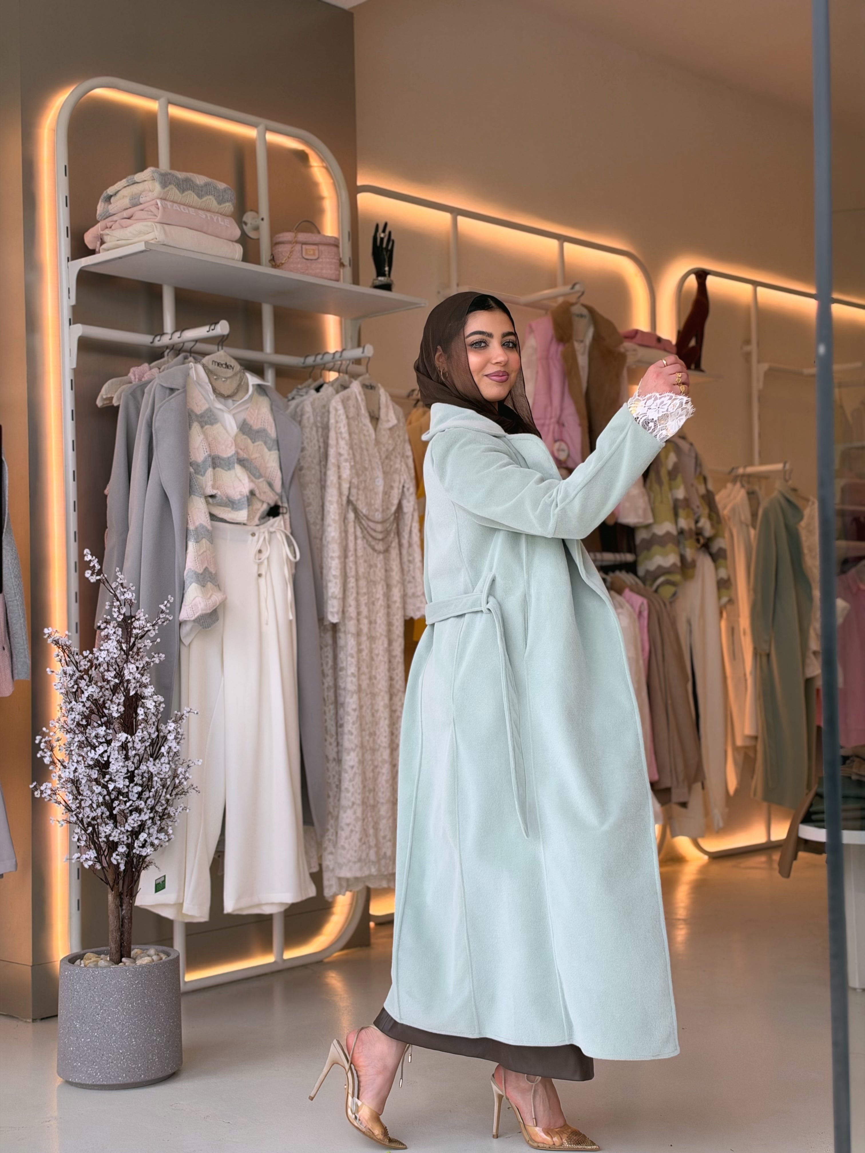 Elegant Wool Long Coat in dusty sage by Medley Fashion, photo 3
