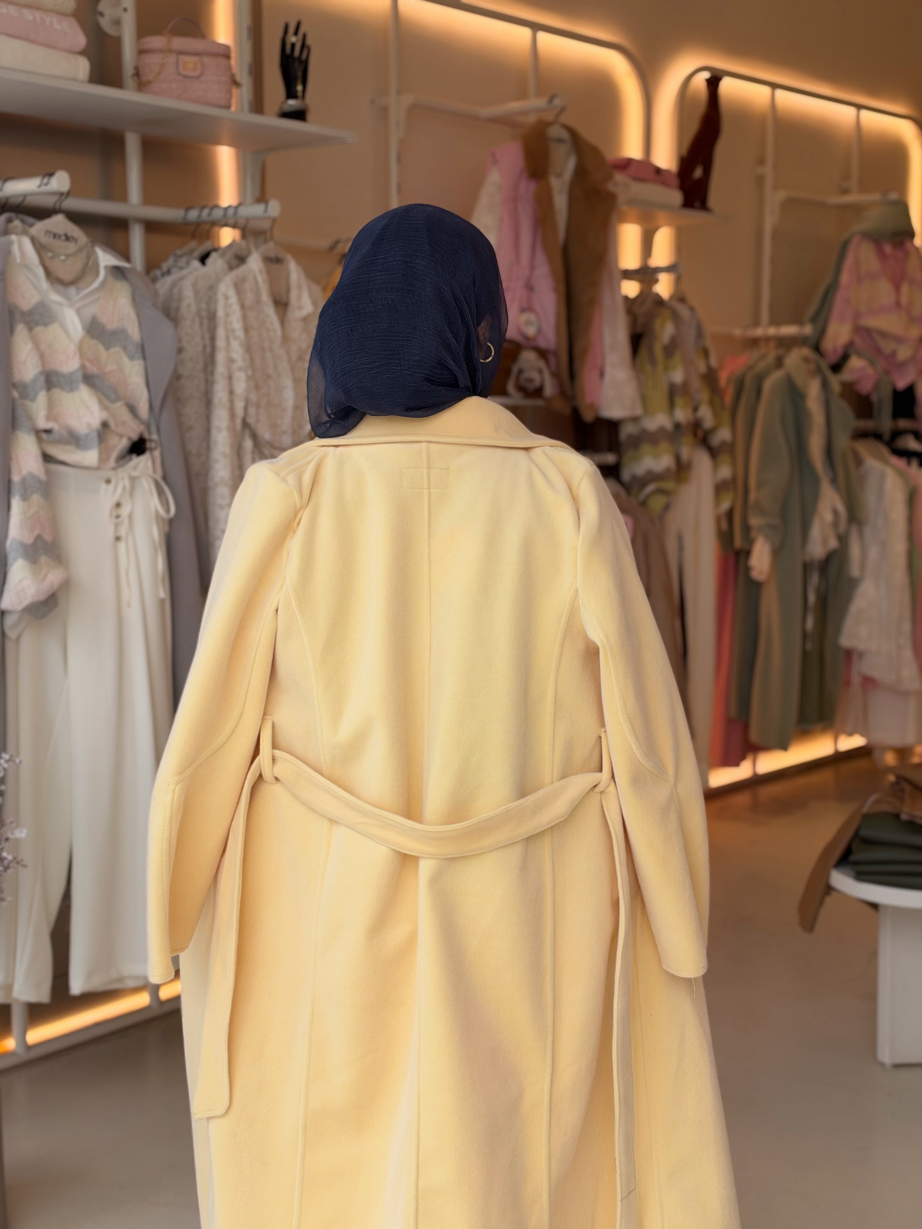 Elegant Wool Long Coat in golden apricot by Medley Fashion, back view