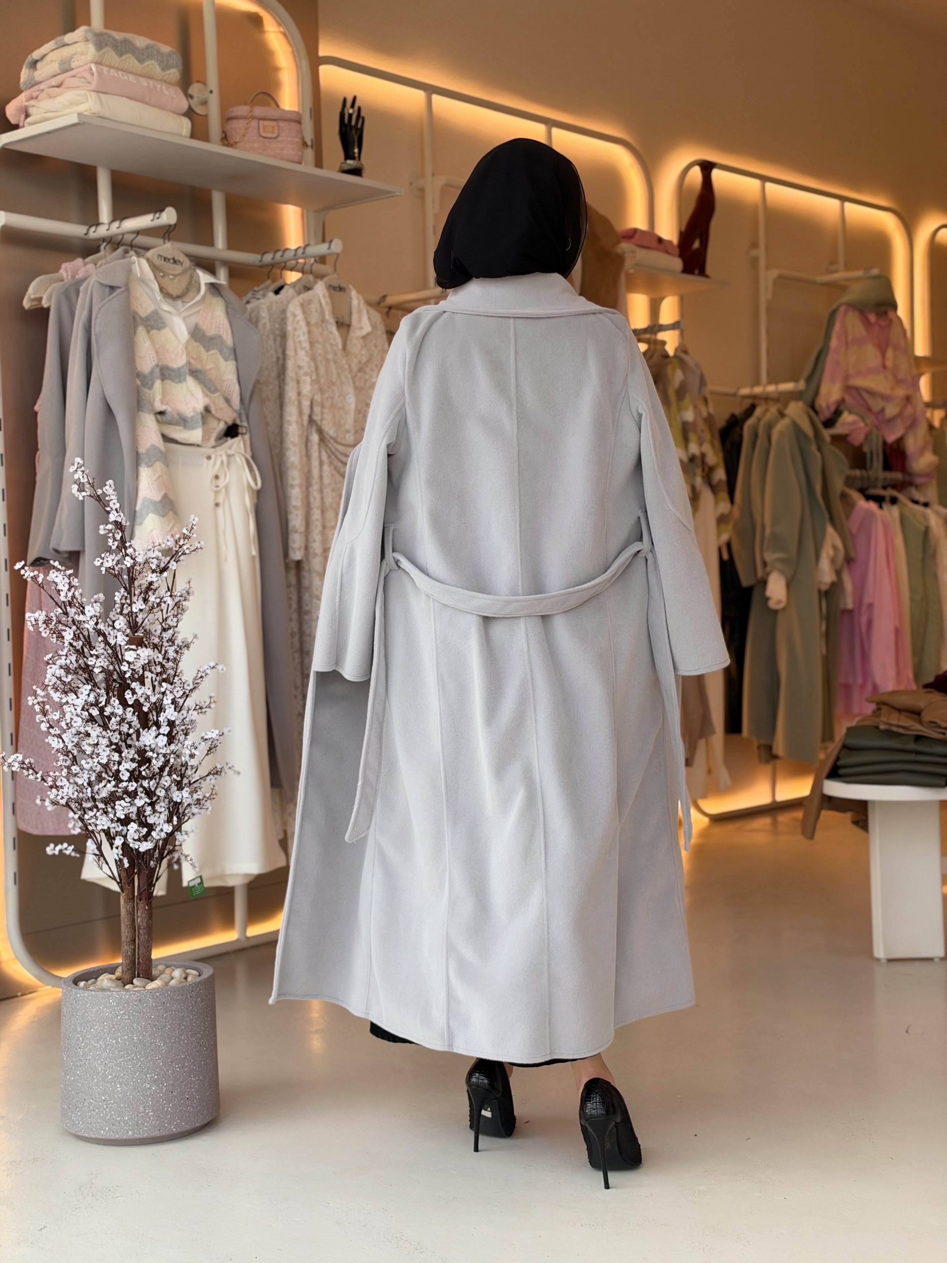Elegant Wool Long Coat in gray by Medley Fashion, back view