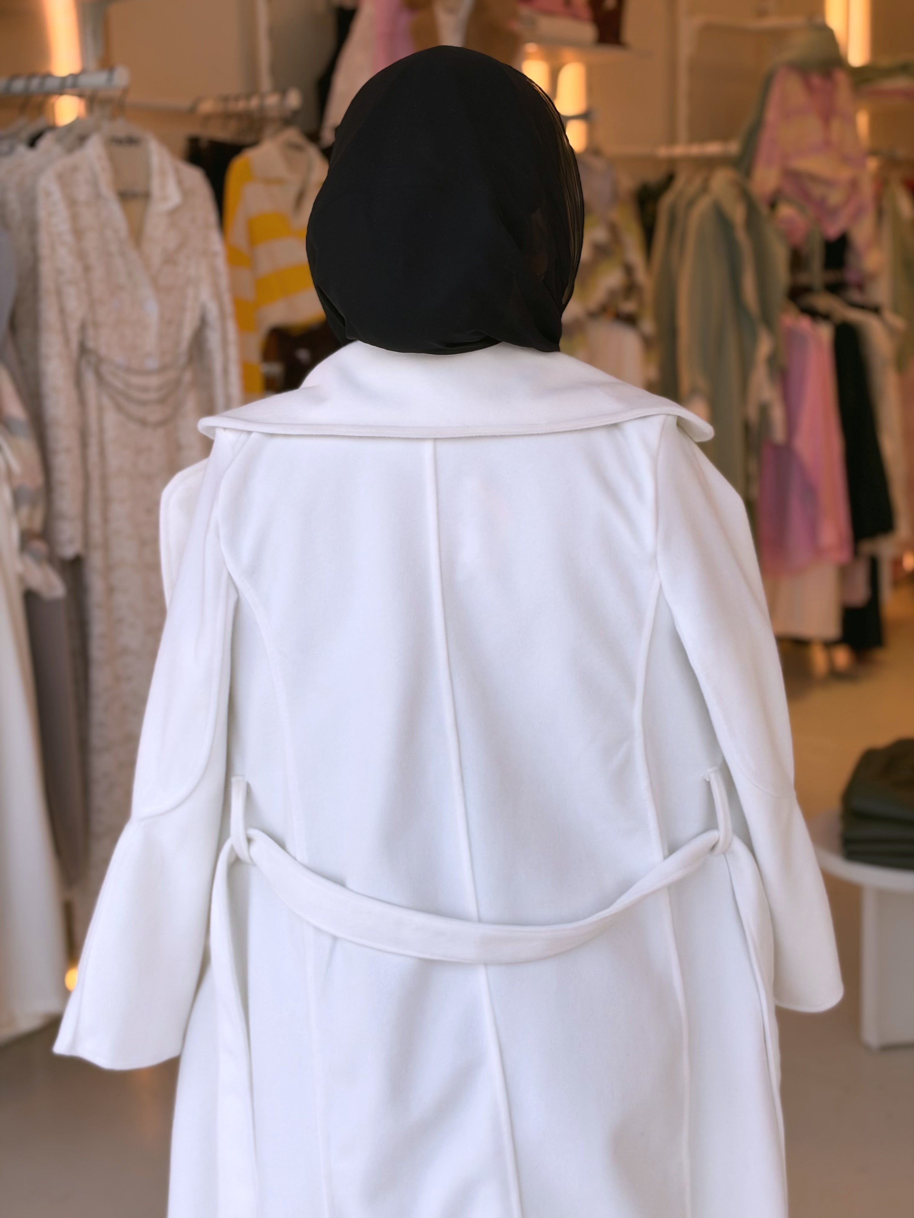 Elegant Wool Long Coat in winter white by Medley Fashion, back view 2