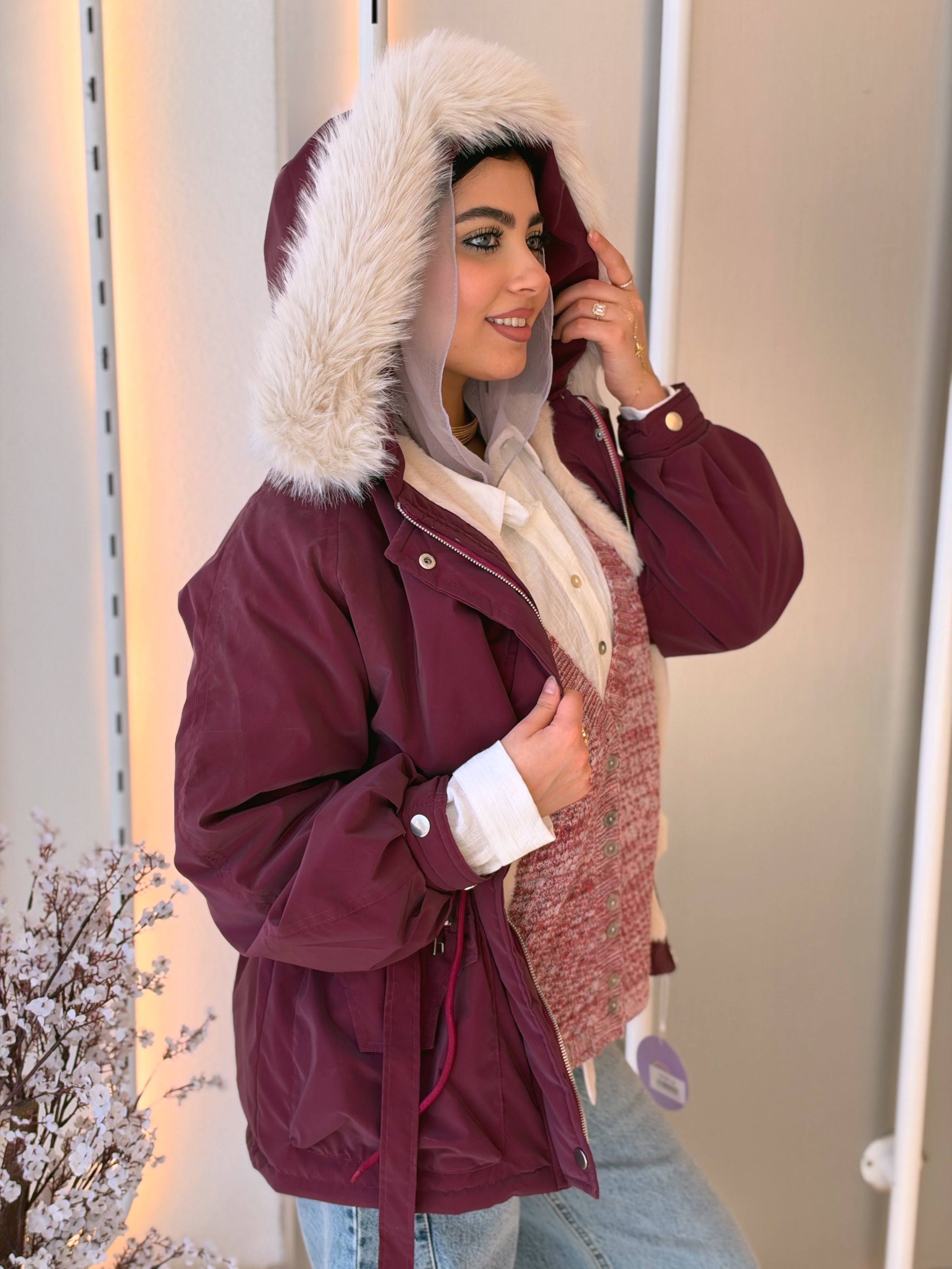 Fur-Hood Waterproof Puffer Jacket in burgundy by Medley Fashion, photo 2