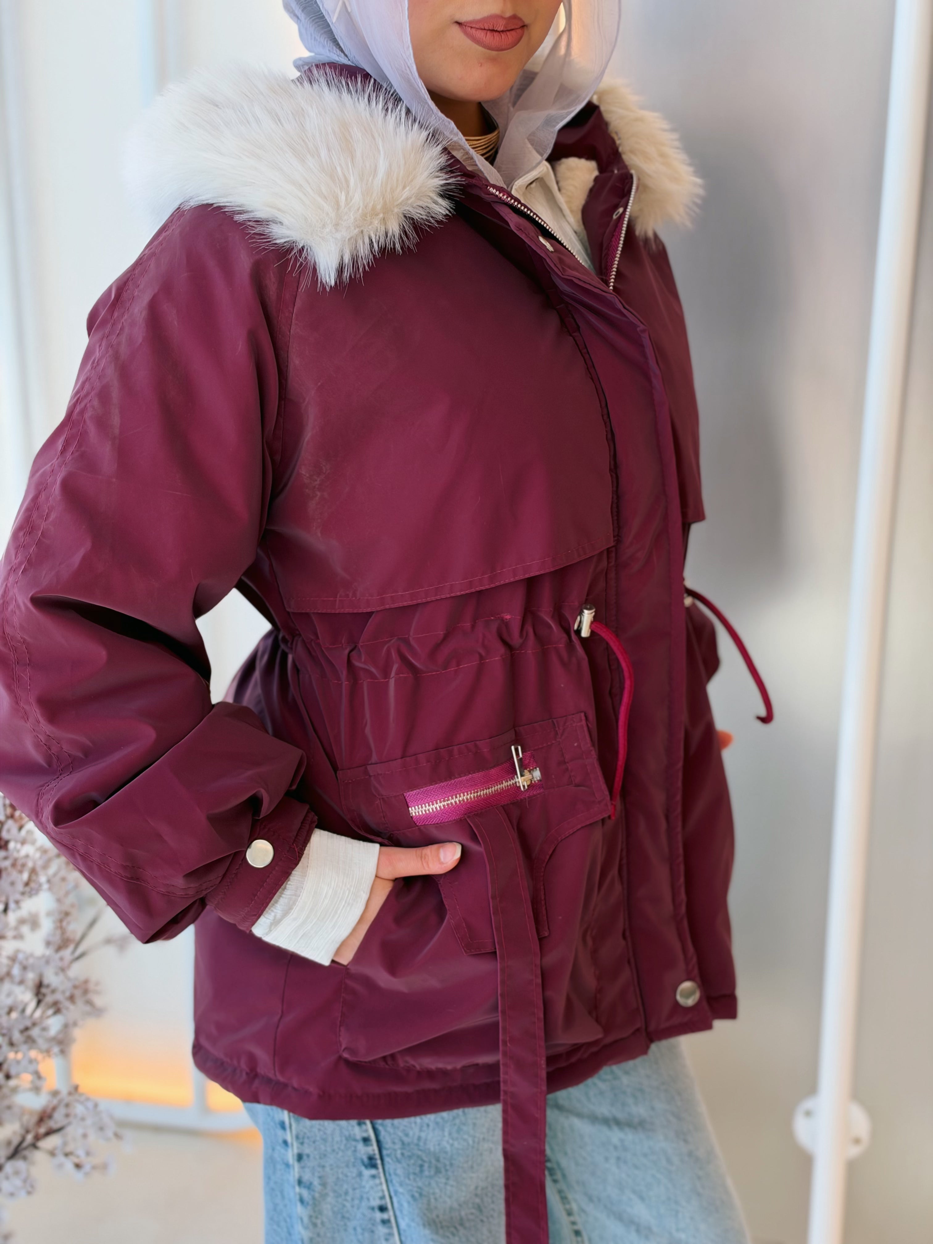 Fur-Hood Waterproof Puffer Jacket in burgundy by Medley Fashion, photo 1