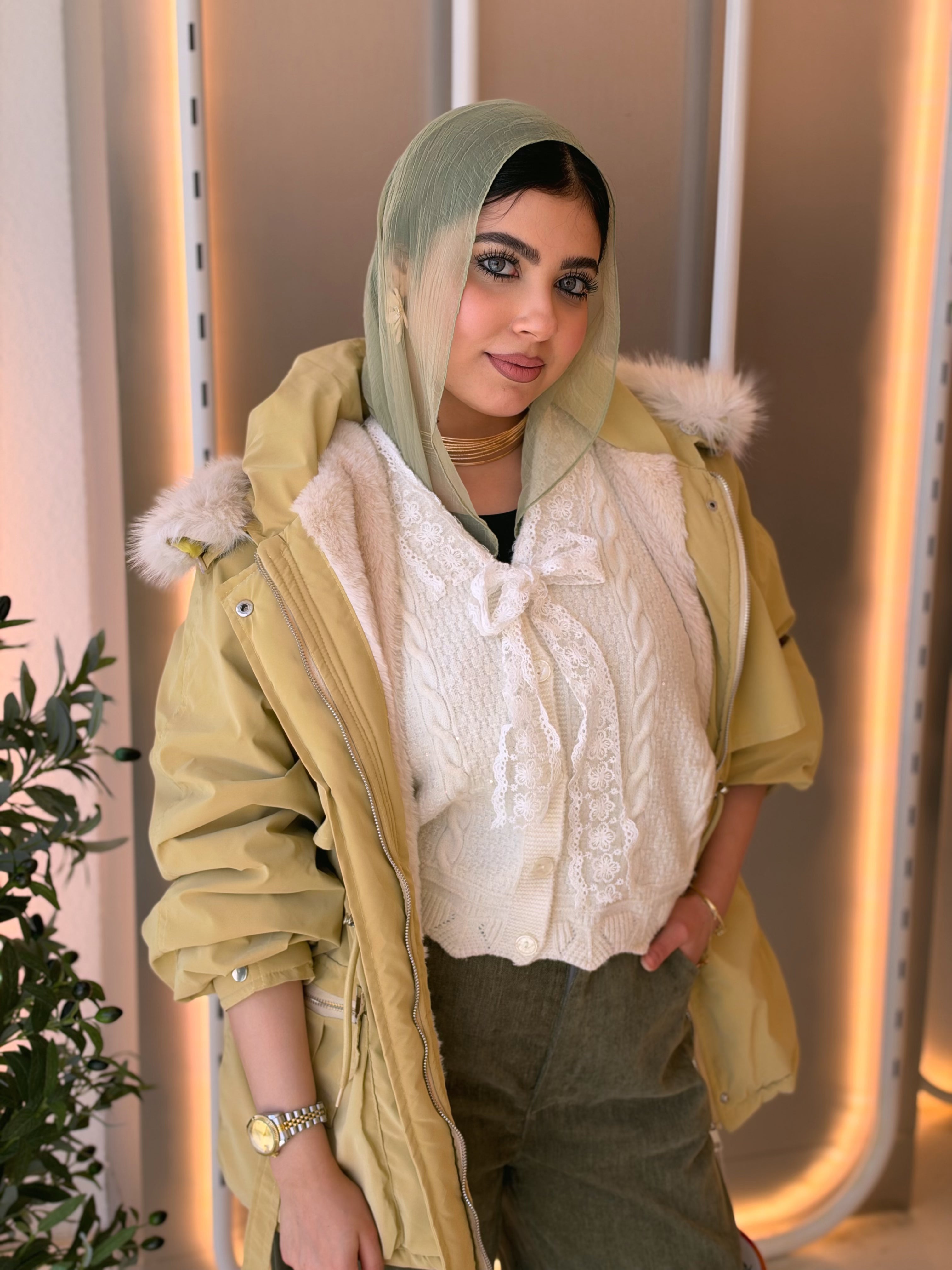 Fur-Hood Waterproof Puffer Jacket in mustard by Medley Fashion, photo 6