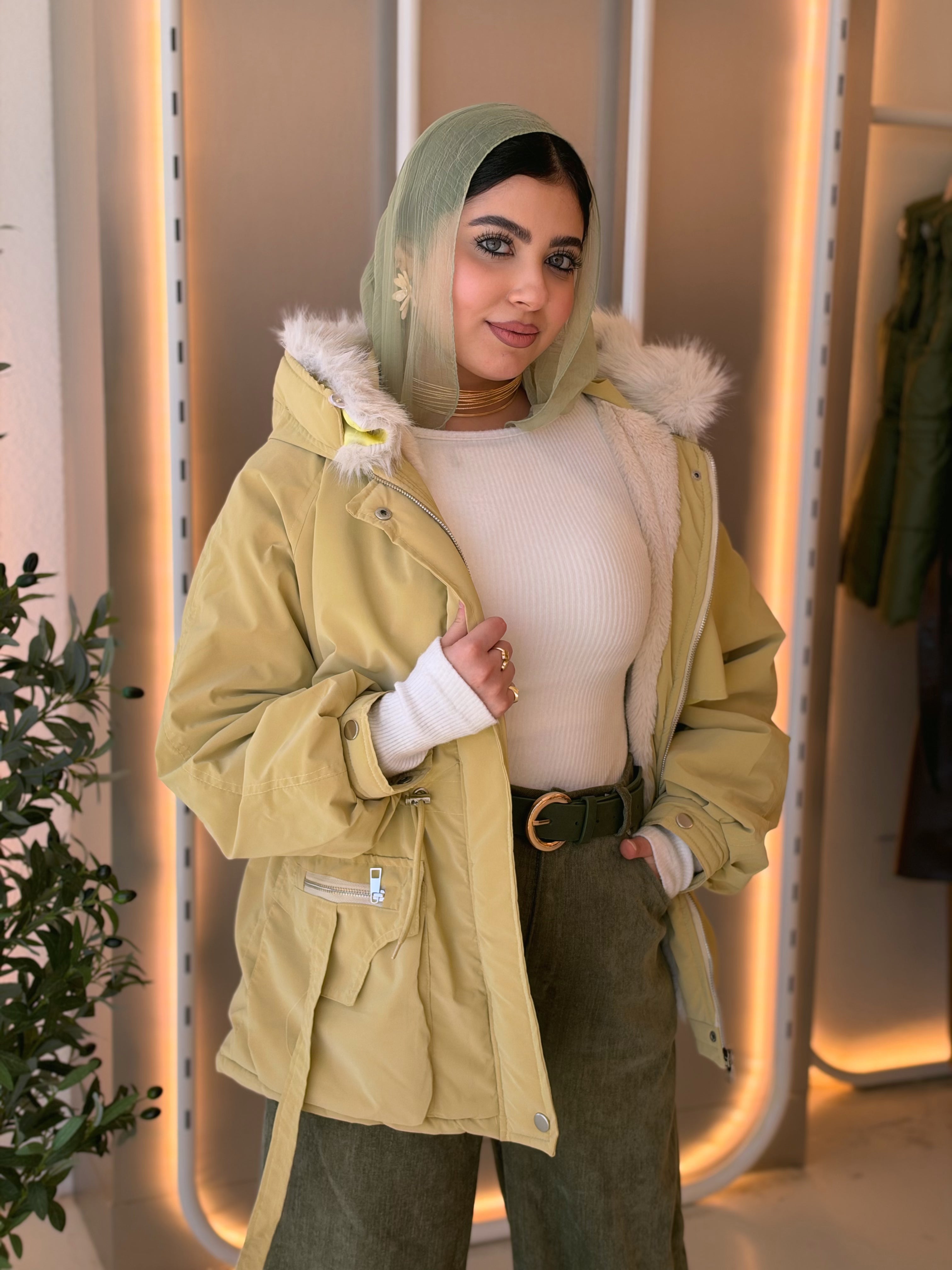 Fur-Hood Waterproof Puffer Jacket in mustard by Medley Fashion, photo 5