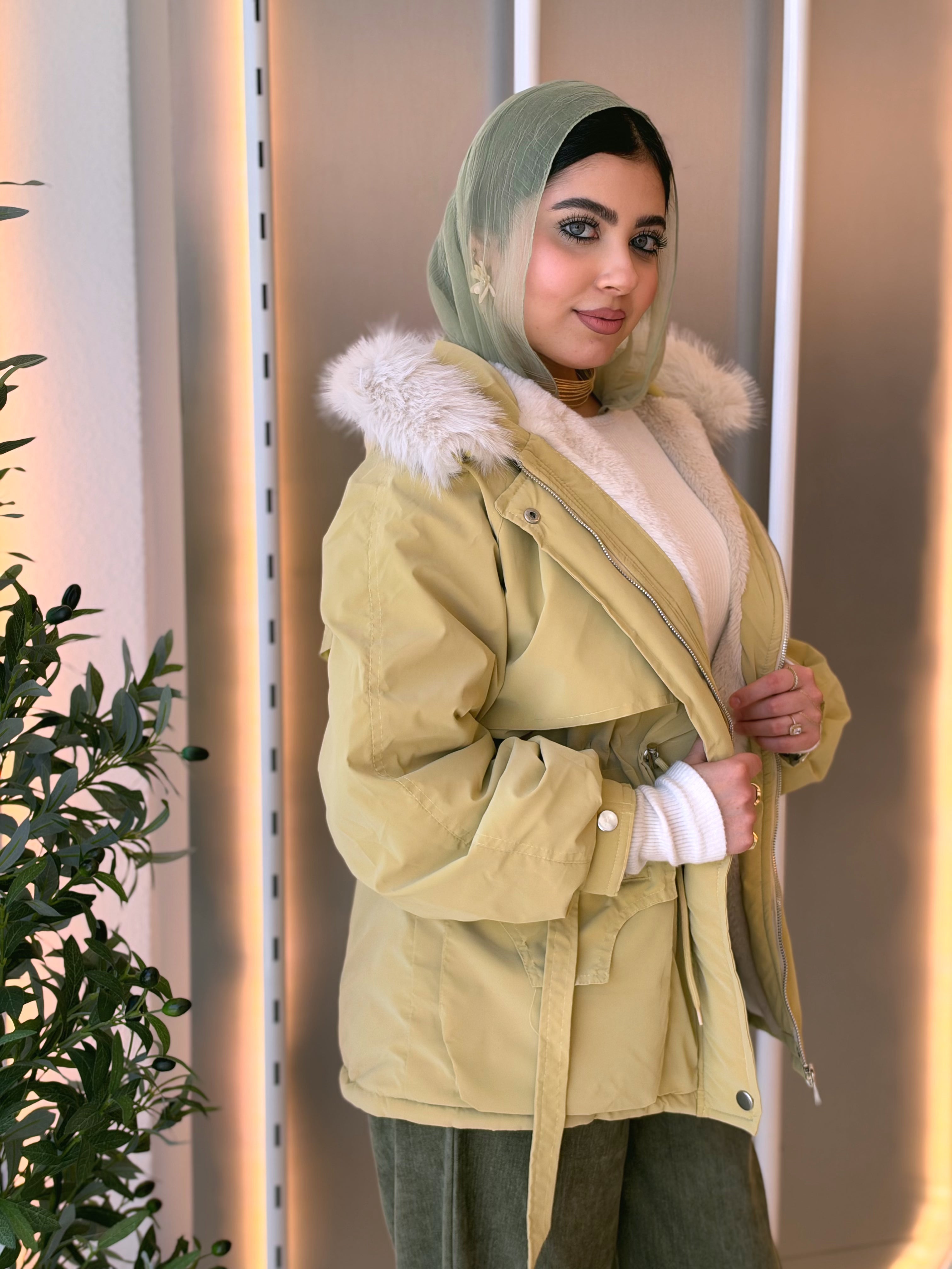 Fur-Hood Waterproof Puffer Jacket in mustard by Medley Fashion, photo 3