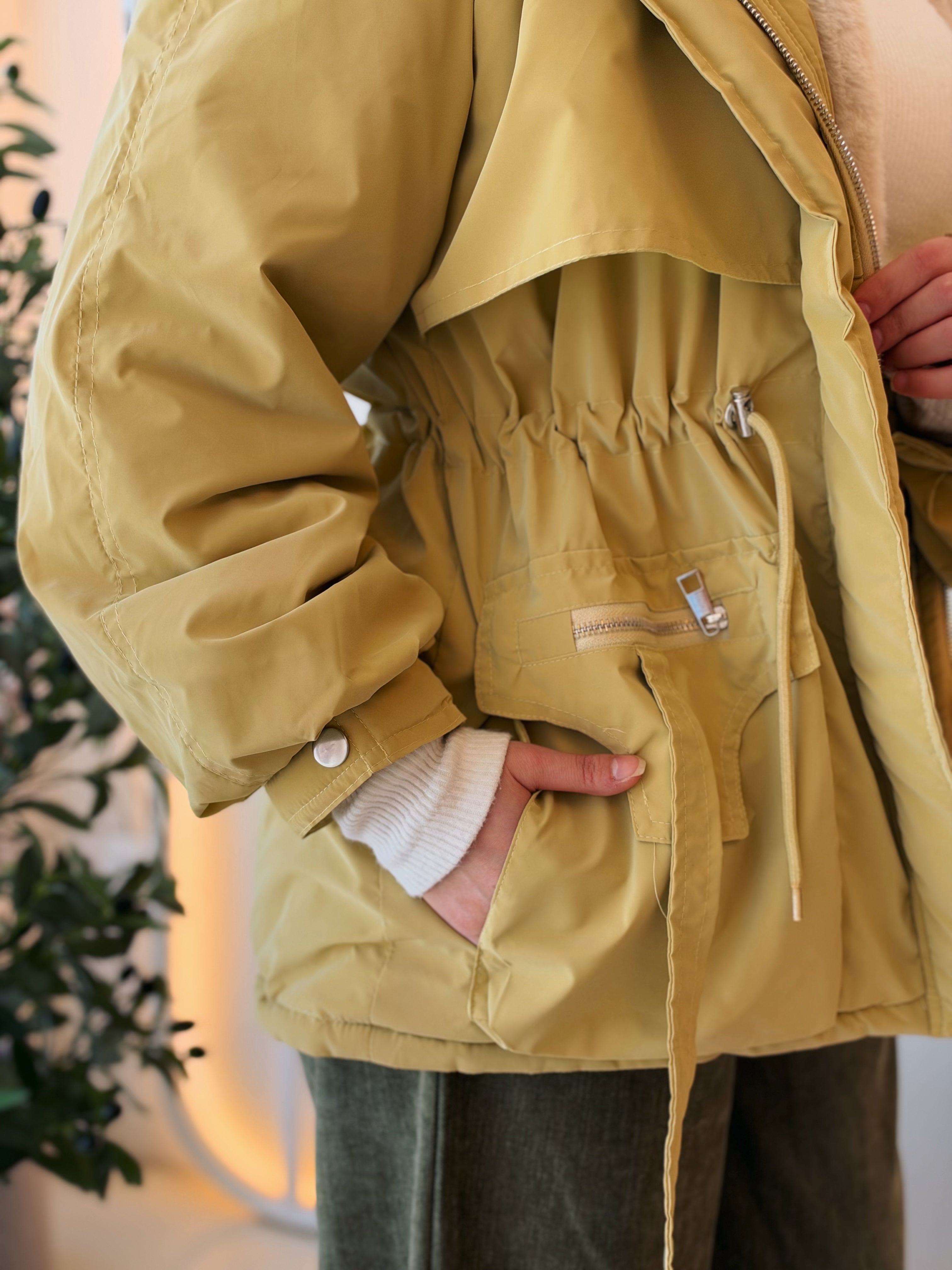 Fur-Hood Waterproof Puffer Jacket in mustard by Medley Fashion, photo 1
