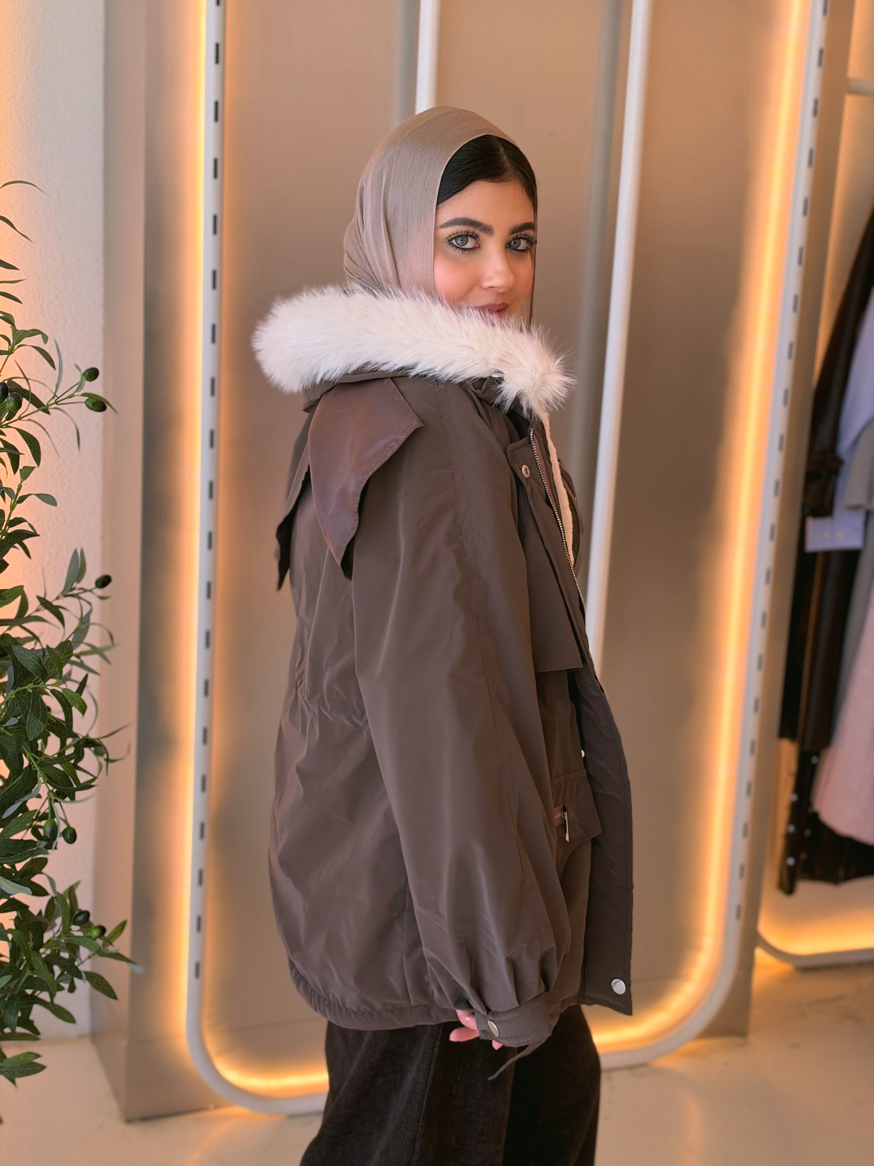 Fur-Hood Waterproof Puffer Jacket in smoked brown by Medley Fashion, photo 5