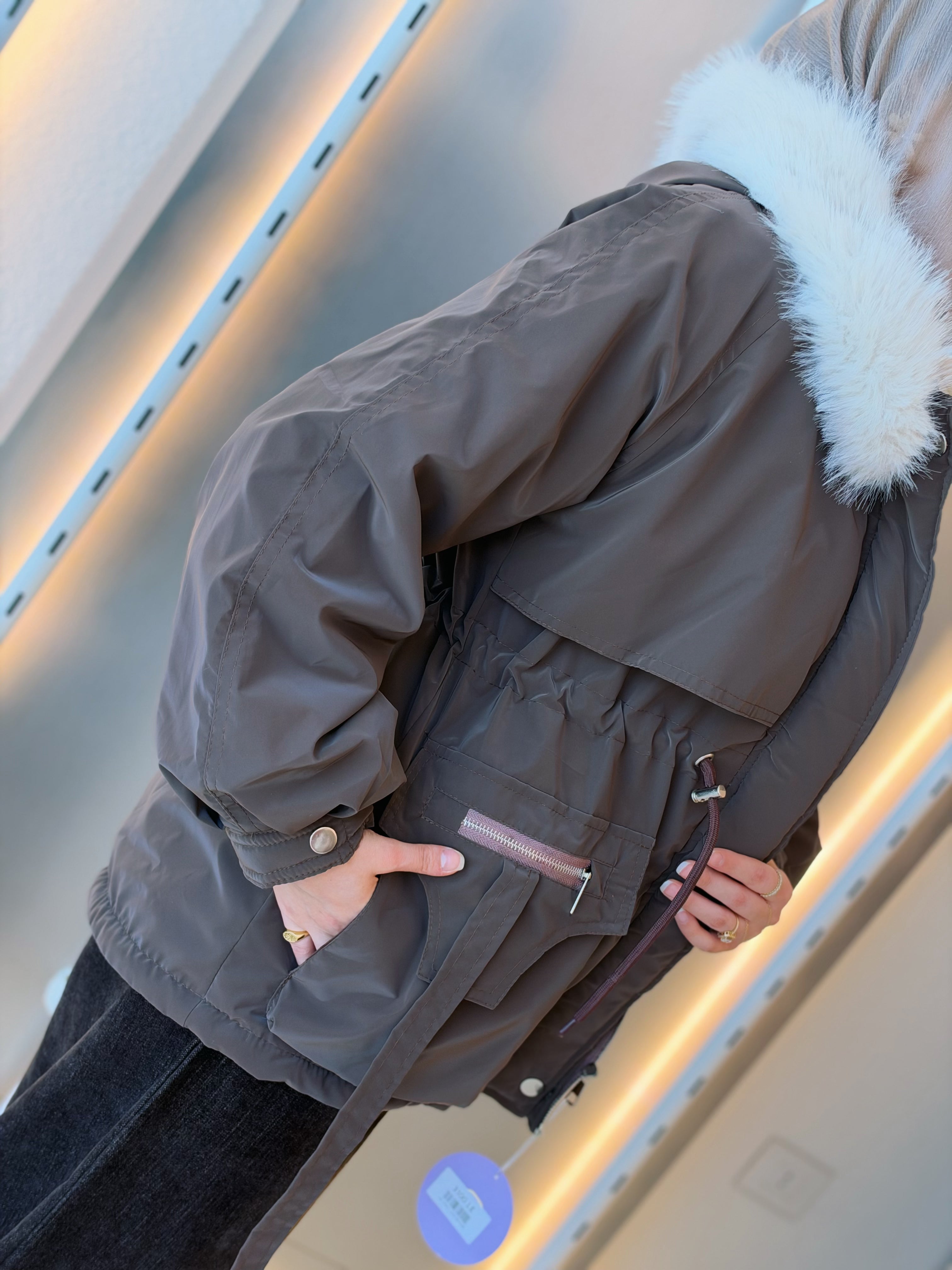 Fur-Hood Waterproof Puffer Jacket in smoked brown by Medley Fashion, photo 1
