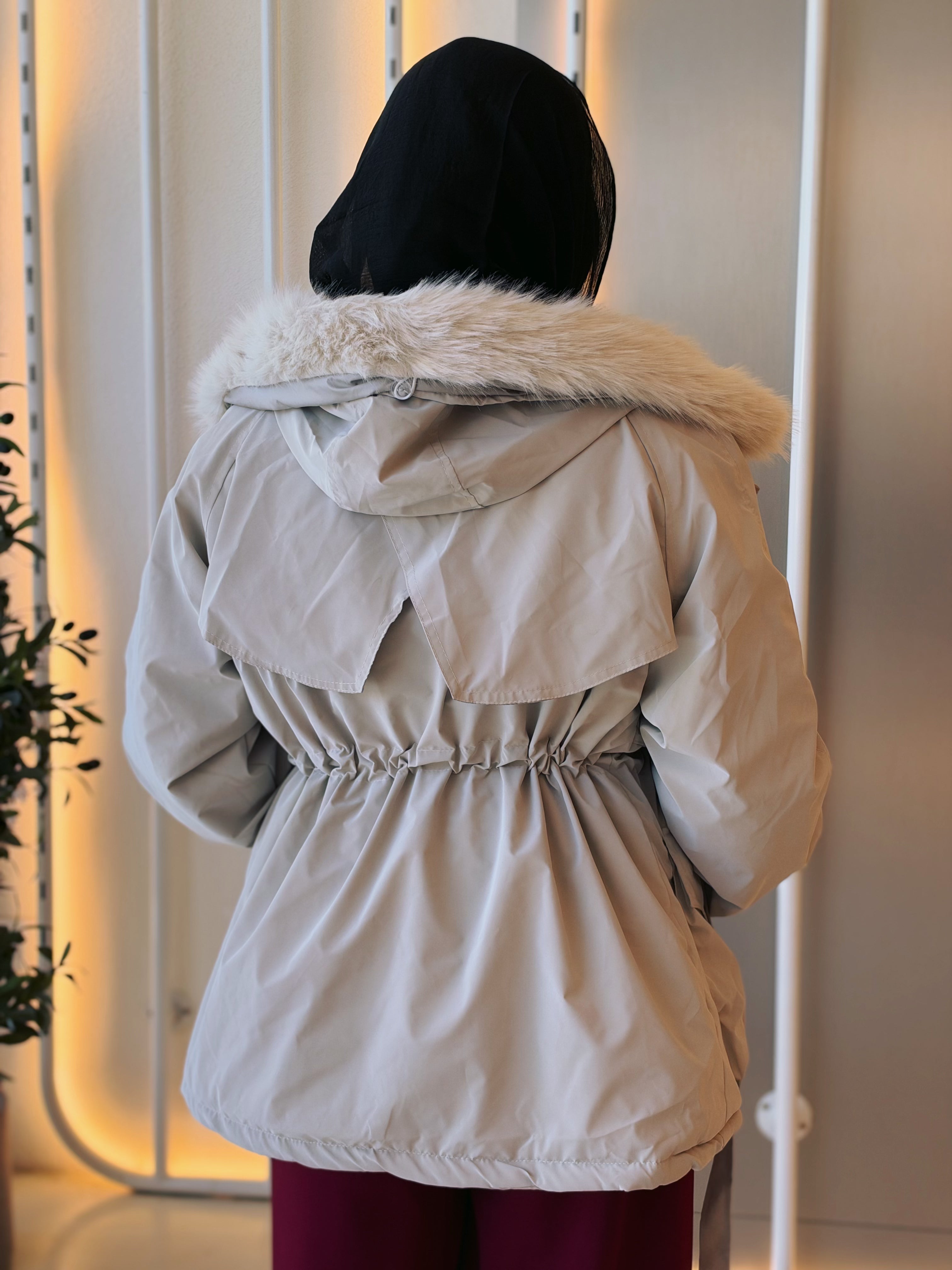 Fur-Hood Waterproof Puffer Jacket in silver grey by Medley Fashion, photo 3