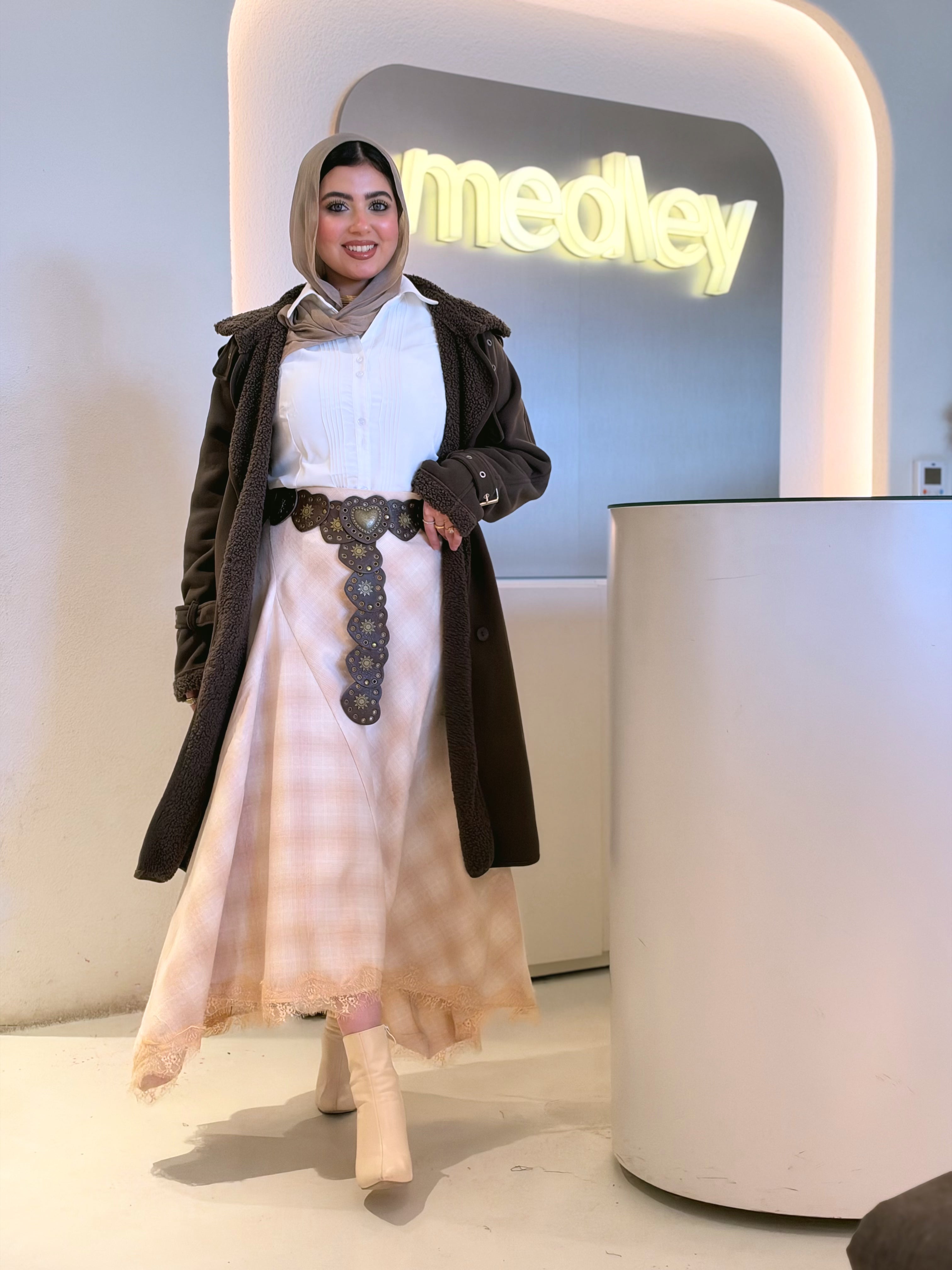 Plaid Lace-Trim Maxi Skirt in sand beige by Medley Fashion, photo 3