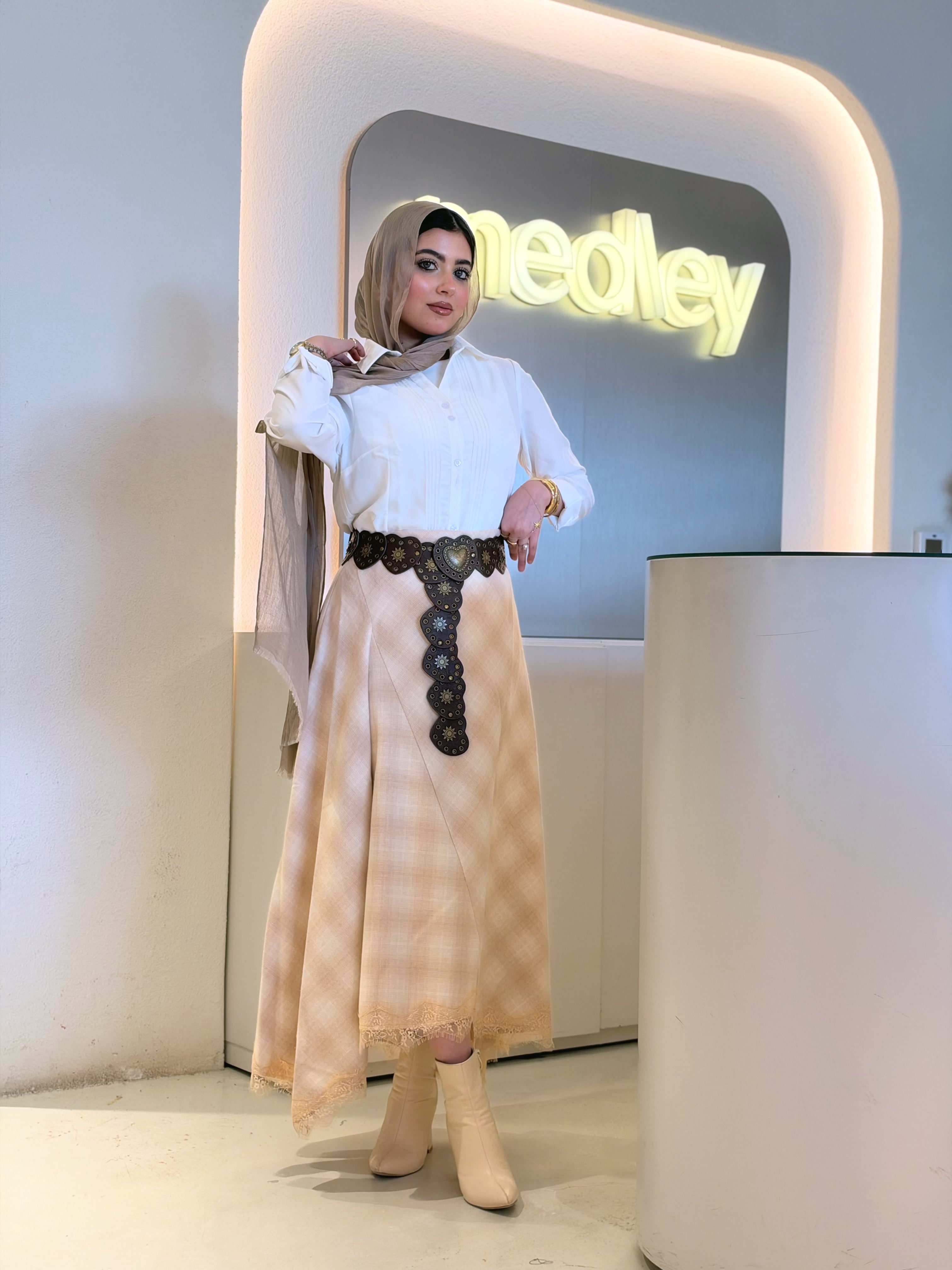 Plaid Lace-Trim Maxi Skirt in sand beige by Medley Fashion, photo 1