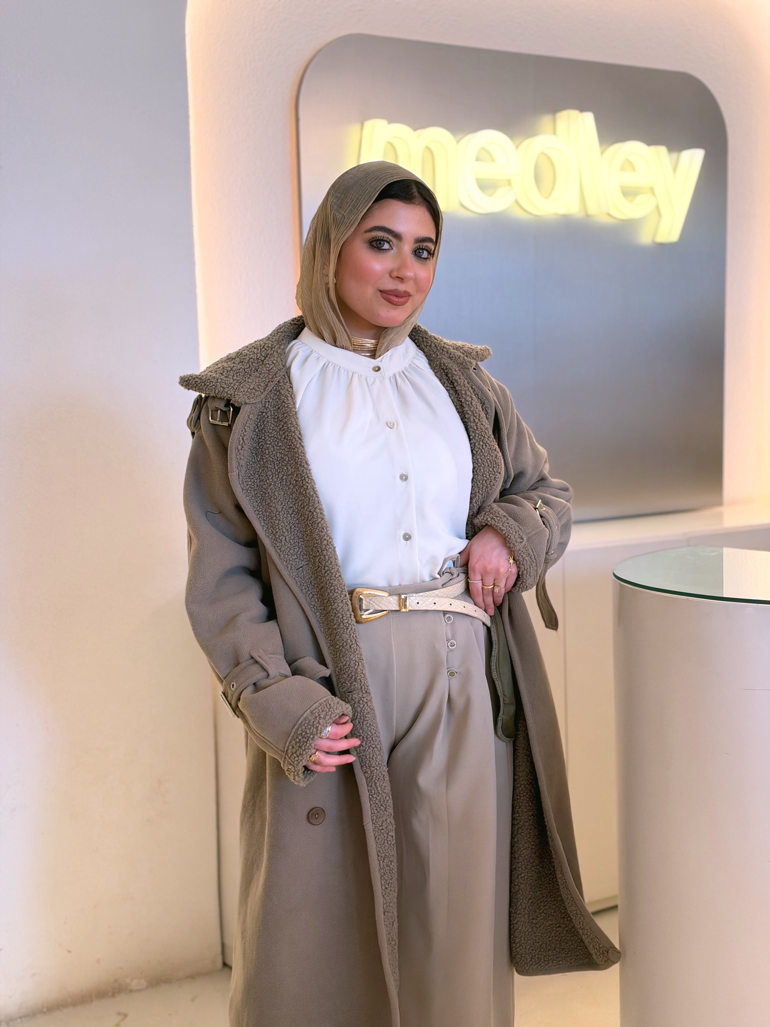 Teddy Long Coat in olive taupe by Medley Fashion, photo 4