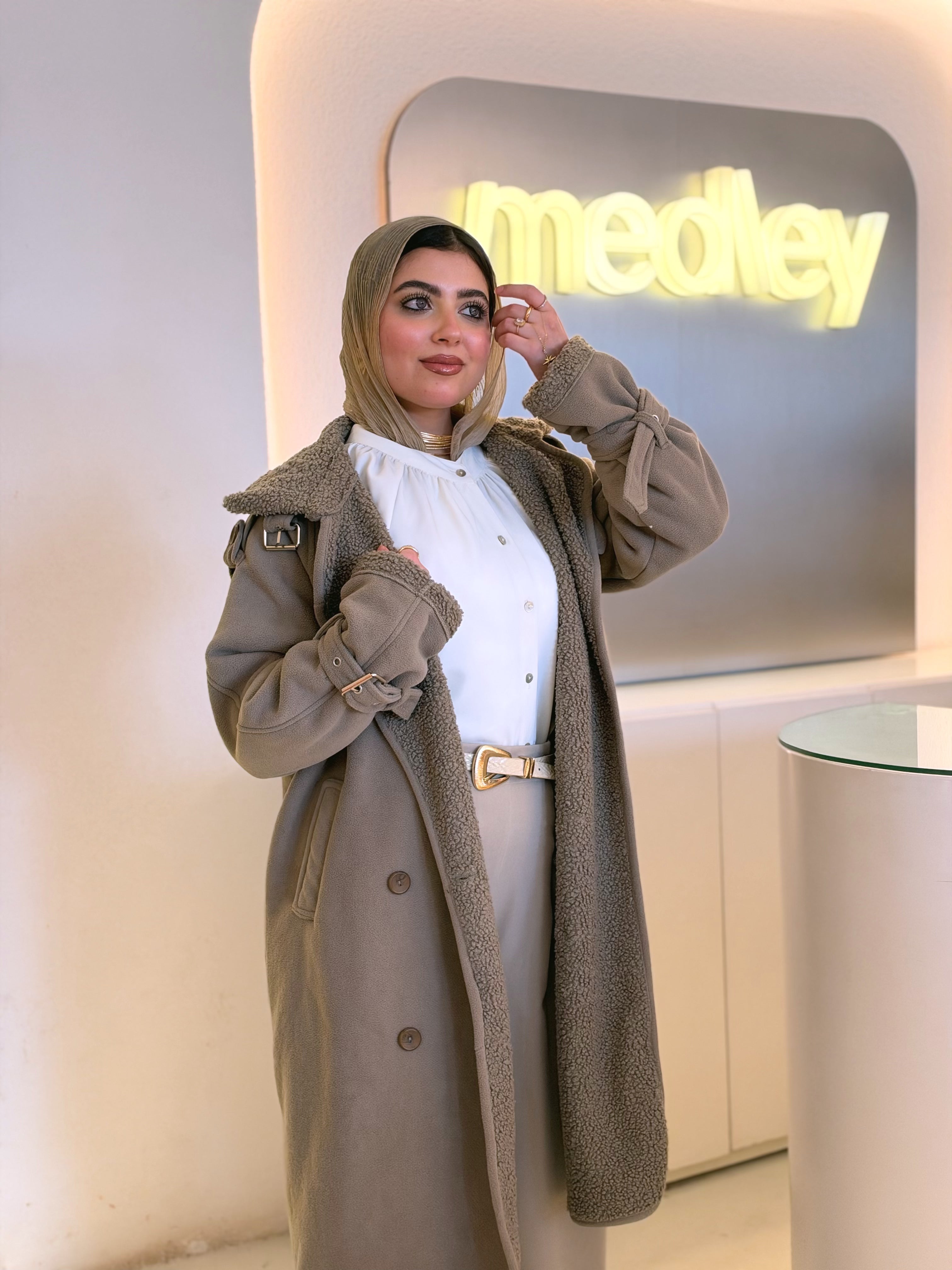 Teddy Long Coat in olive taupe by Medley Fashion, photo 3