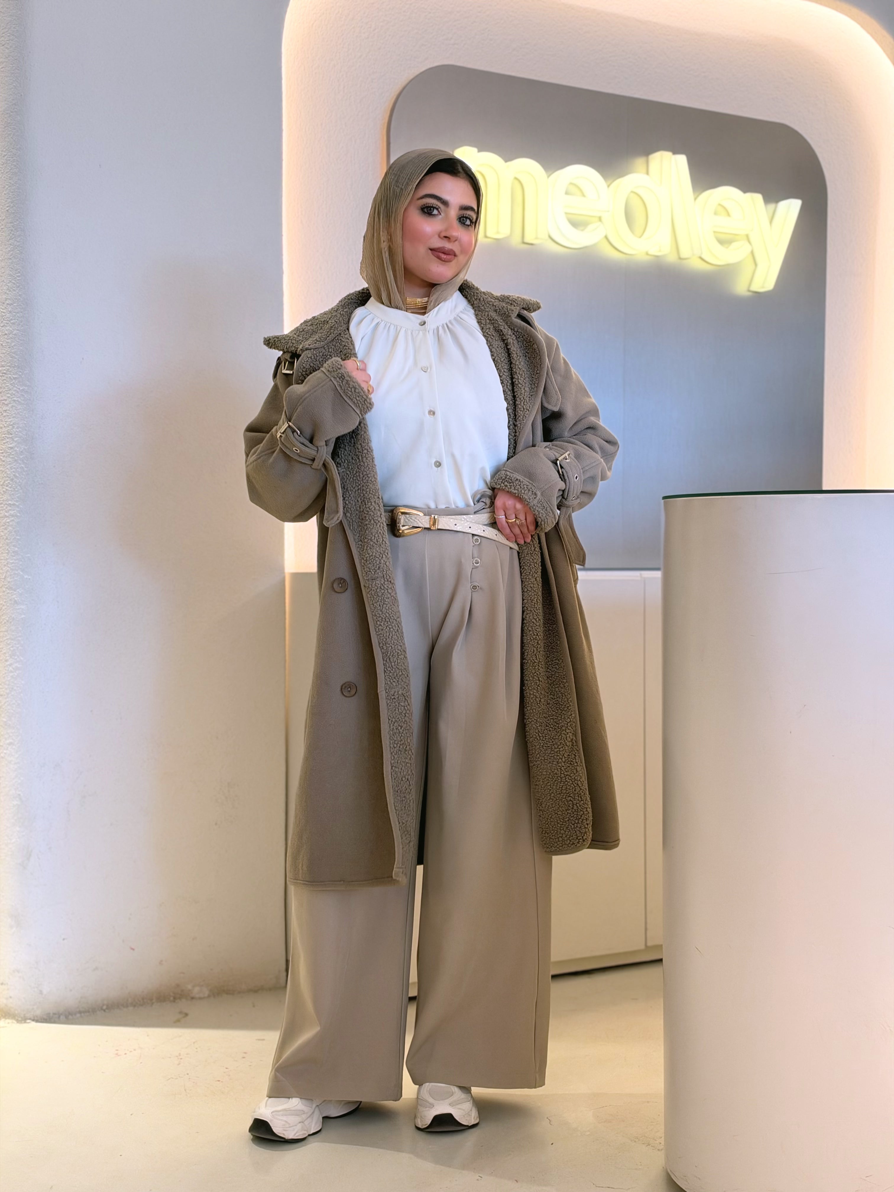 Teddy Long Coat in olive taupe by Medley Fashion, photo 2