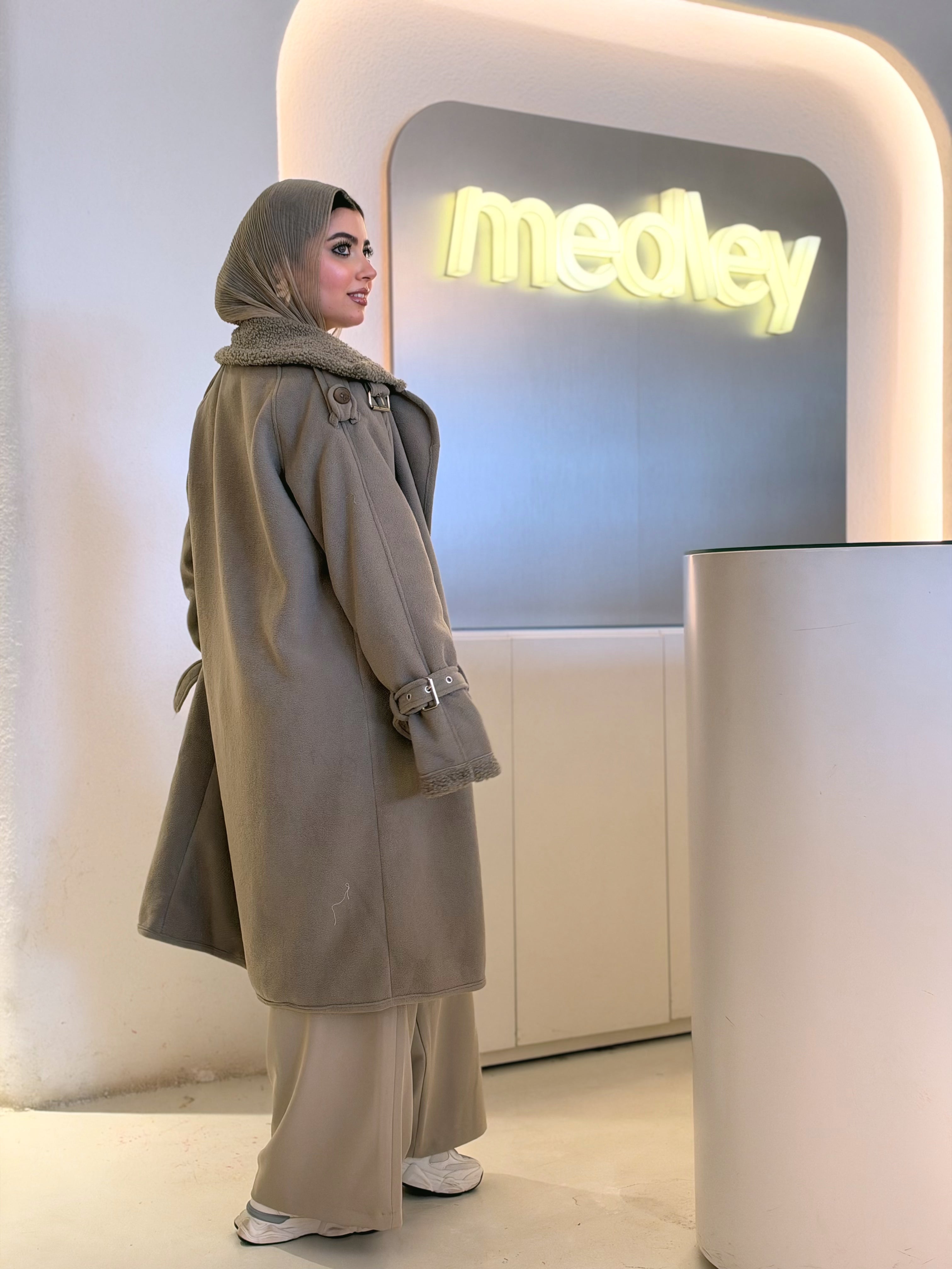 Teddy Long Coat in olive taupe by Medley Fashion, photo 1