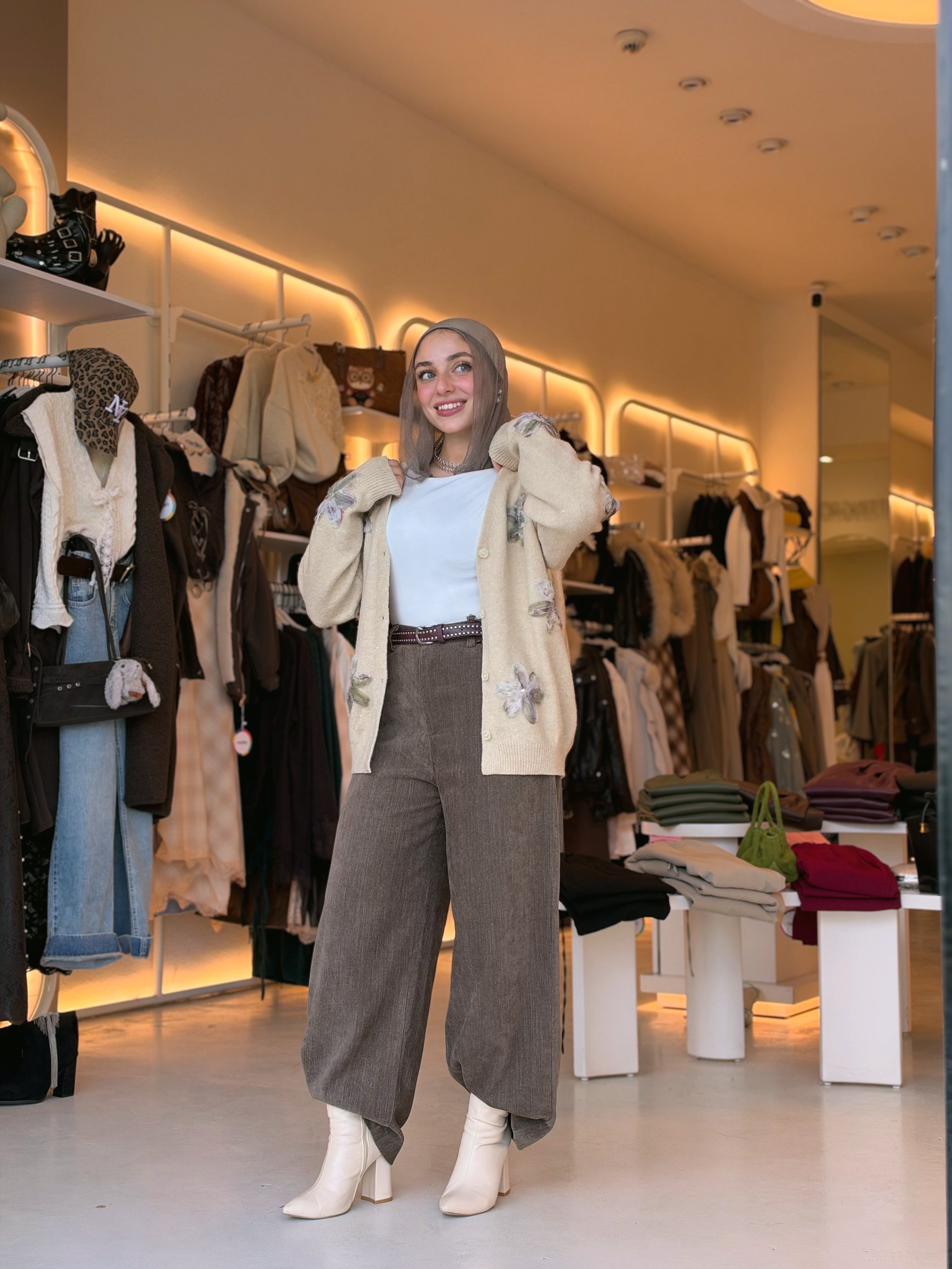Glitter Bloom Mohair Cardigan in sand beige by Medley Fashion, full look