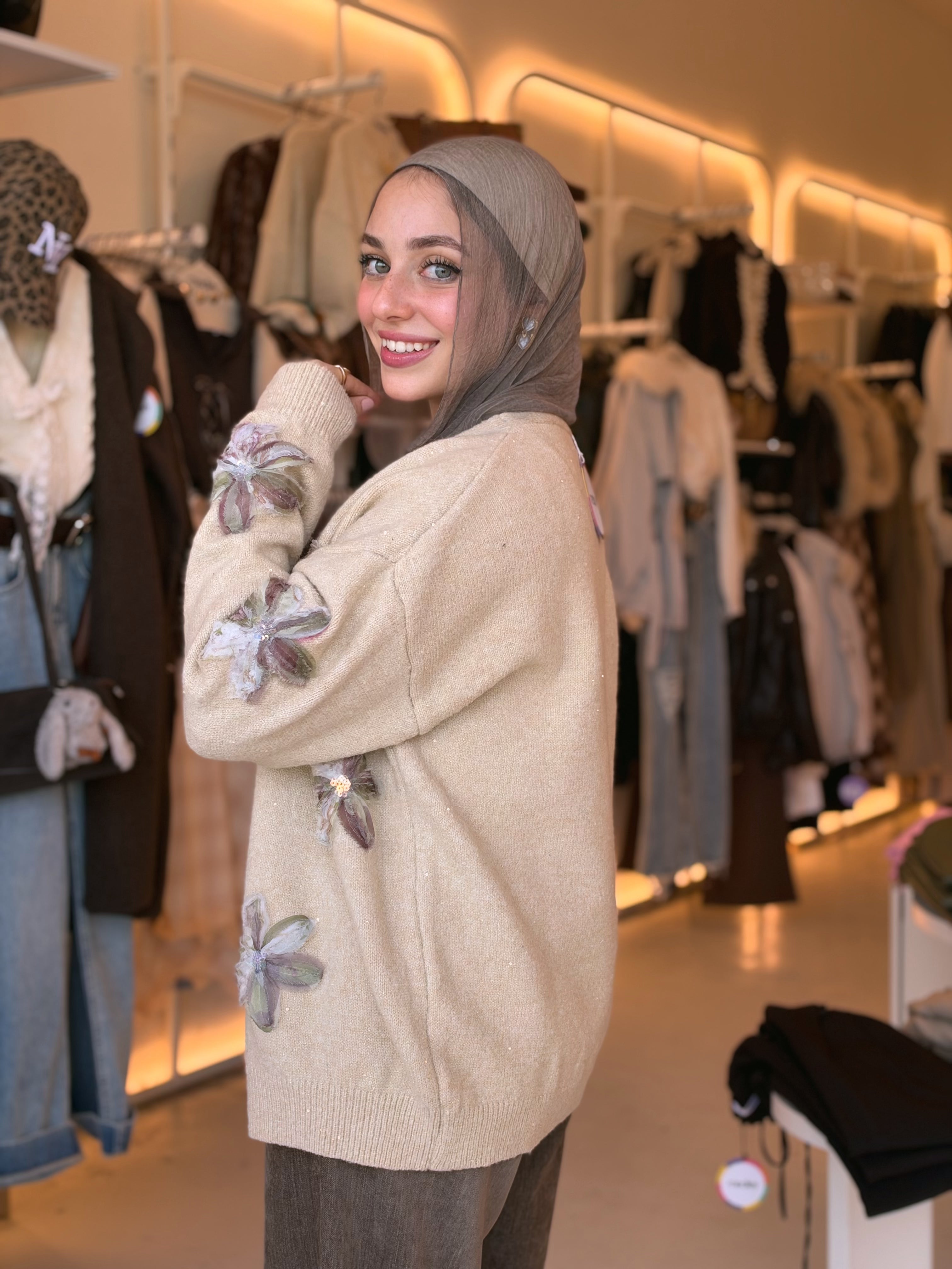 Glitter Bloom Mohair Cardigan in sand beige by Medley Fashion, side view