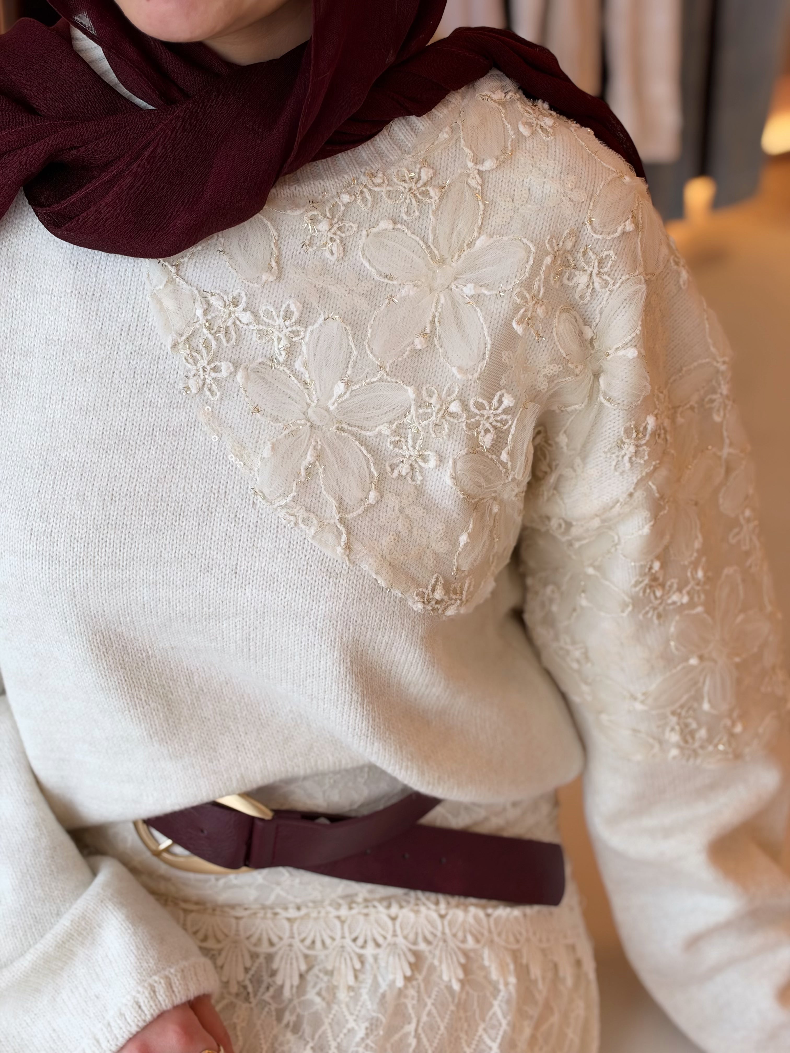 Blossom Lace Knit Pullover in off white by Medley Fashion, lace shoulder close-up